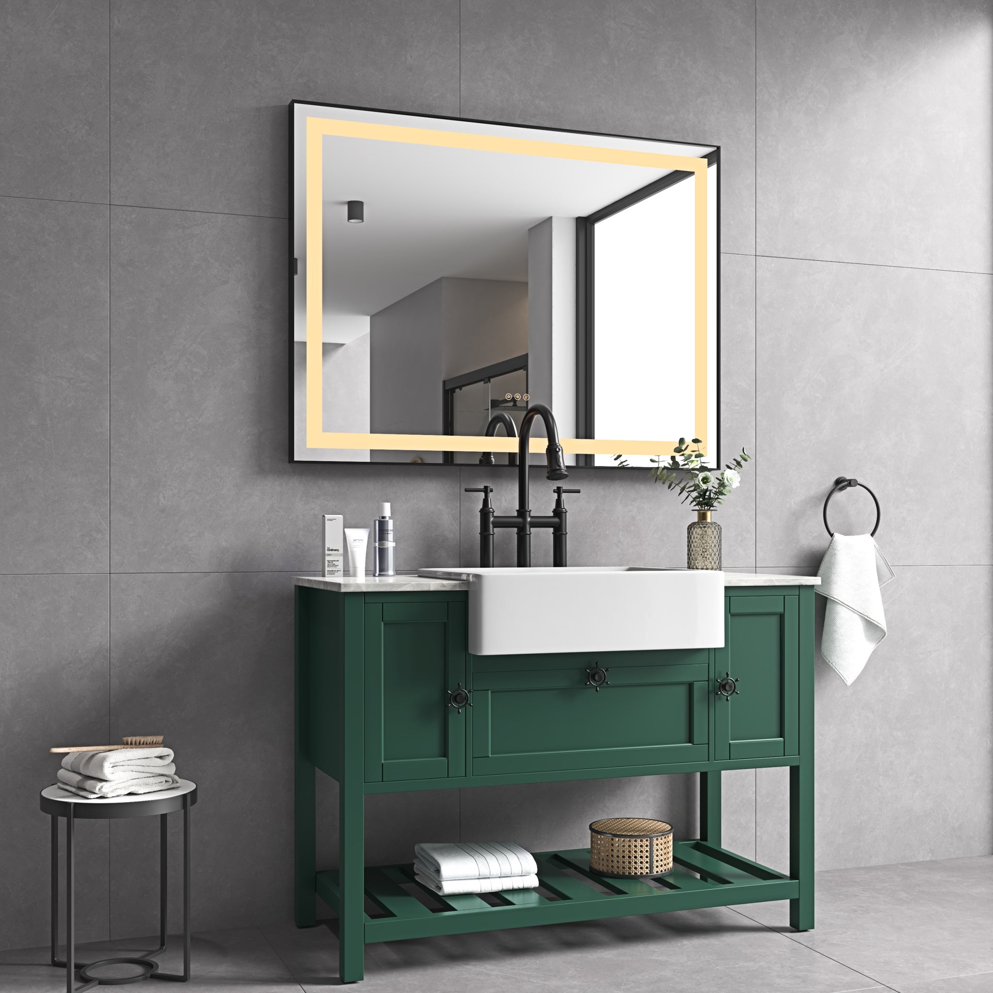 48*36 Led Lighted Bathroom Wall Mounted Mirror With High Lumen Anti Fog Separately Control Matt Black Aluminium