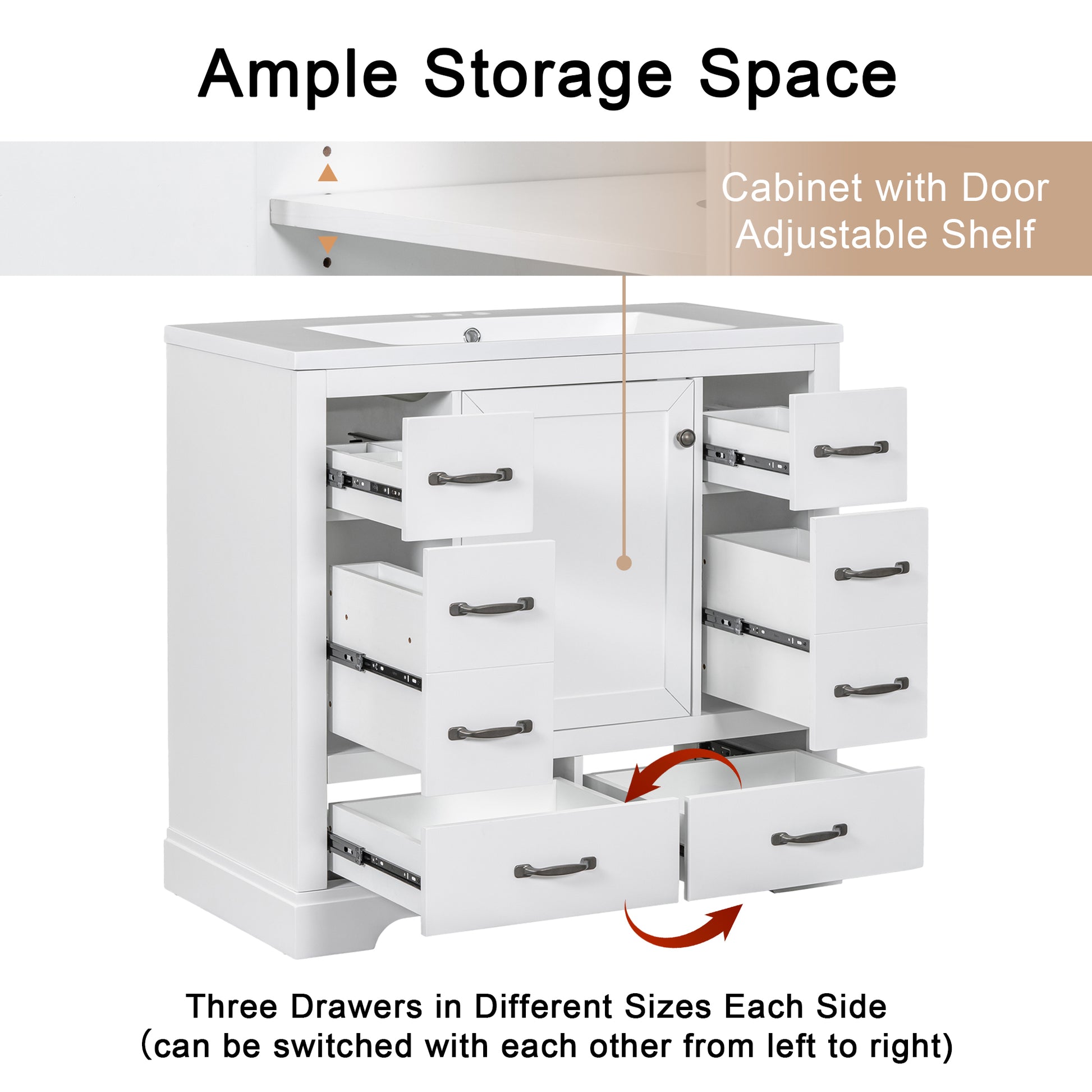 36" Bathroom Vanity Without Sink, Cabinet Base Only, Six Drawers, Multi Functional Drawer Divider, Adjustable Shelf, White White Solid Wood Mdf