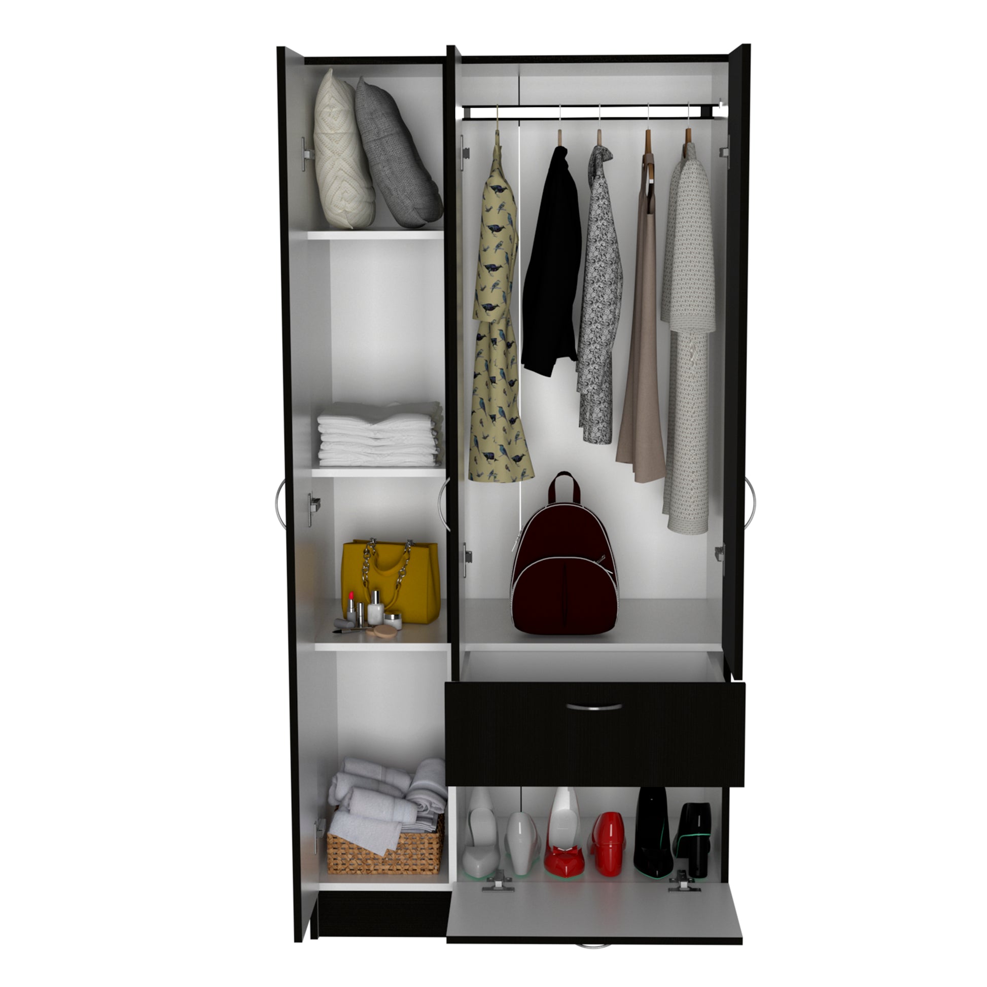 Primavera Armoire, Double Door Cabinets, One Drawer, Metal Rod, Five Shelves Black White Multicolor Particle Board Particle Board