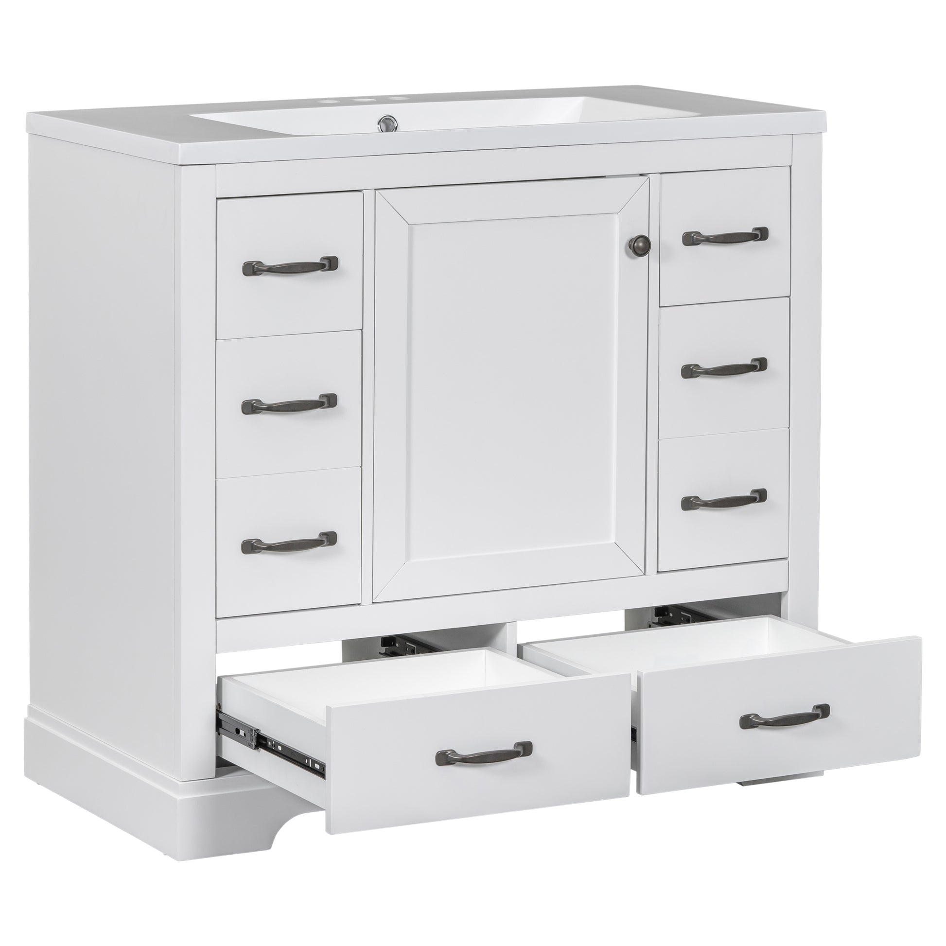 36" Bathroom Vanity With Sink Combo, Six Drawers, Multi Functional Drawer Divider, Adjustable Shelf, White White Solid Wood Mdf