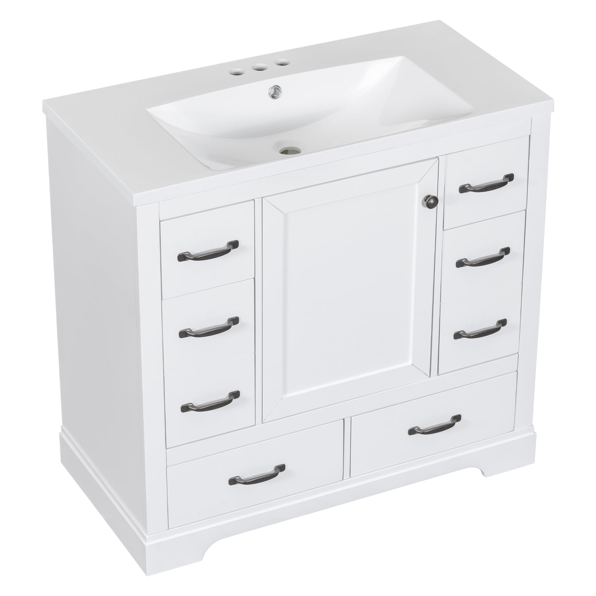 36" Bathroom Vanity With Sink Combo, Six Drawers, Multi Functional Drawer Divider, Adjustable Shelf, White White Solid Wood Mdf
