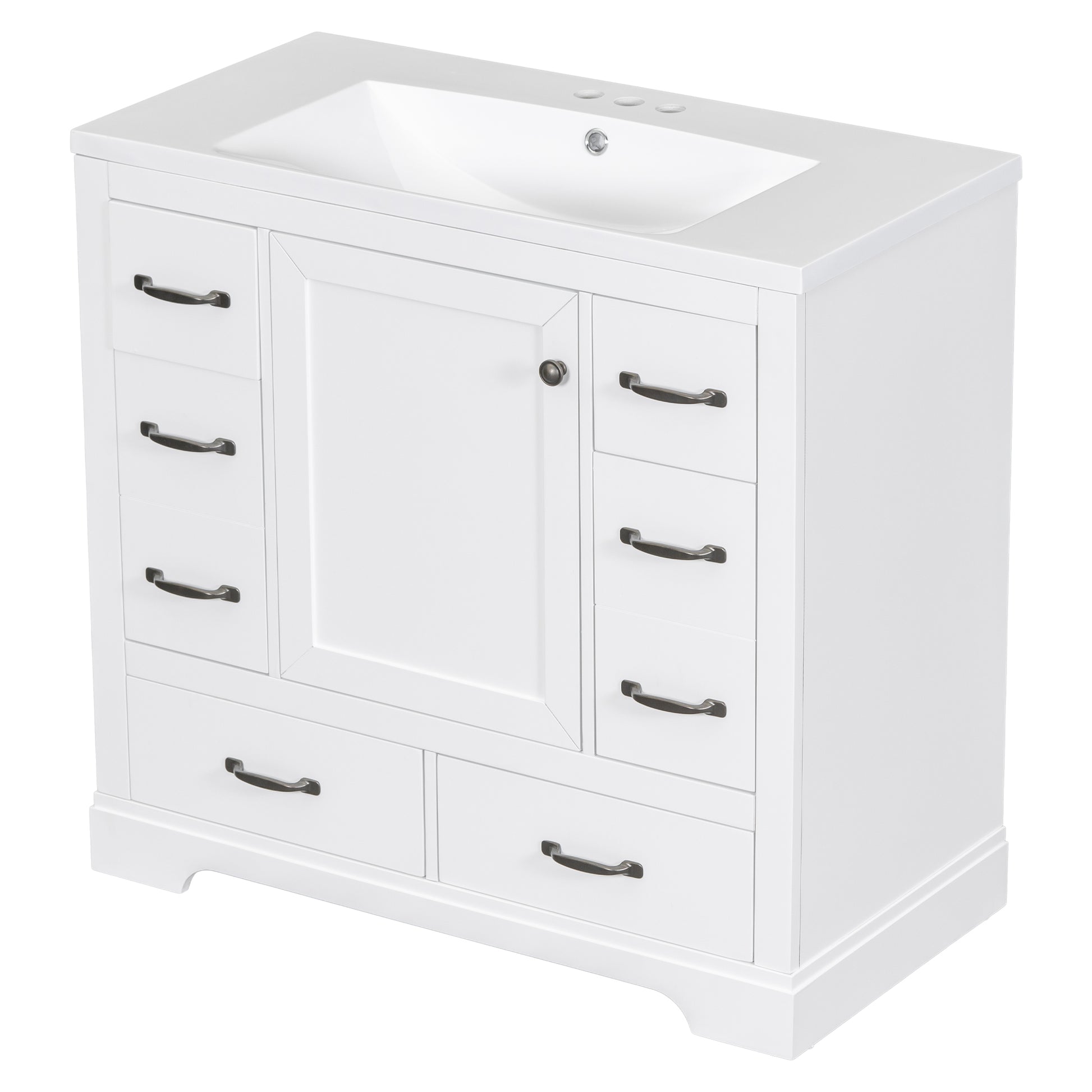 36" Bathroom Vanity With Sink Combo, Six Drawers, Multi Functional Drawer Divider, Adjustable Shelf, White White Solid Wood Mdf