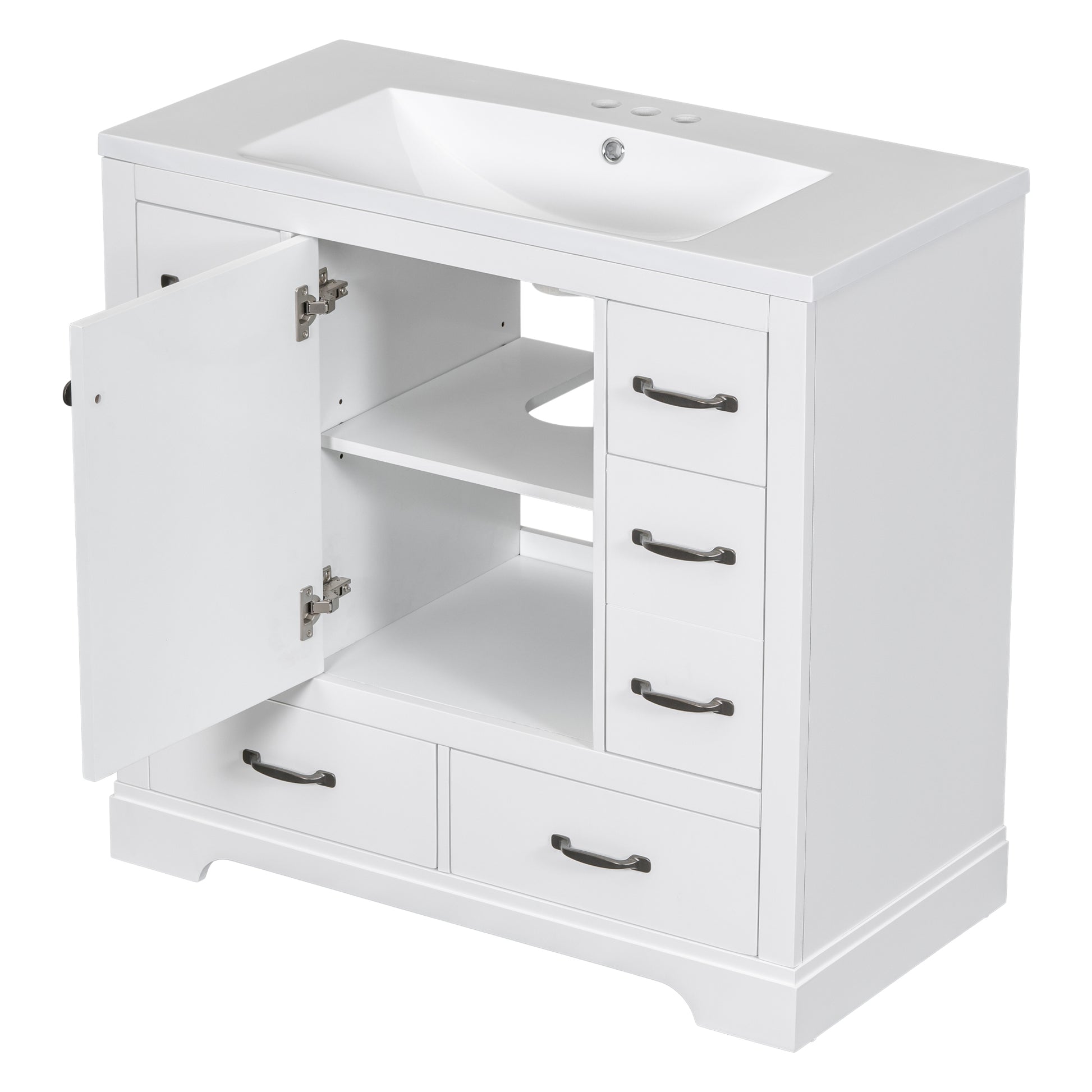36" Bathroom Vanity With Sink Combo, Six Drawers, Multi Functional Drawer Divider, Adjustable Shelf, White White Solid Wood Mdf
