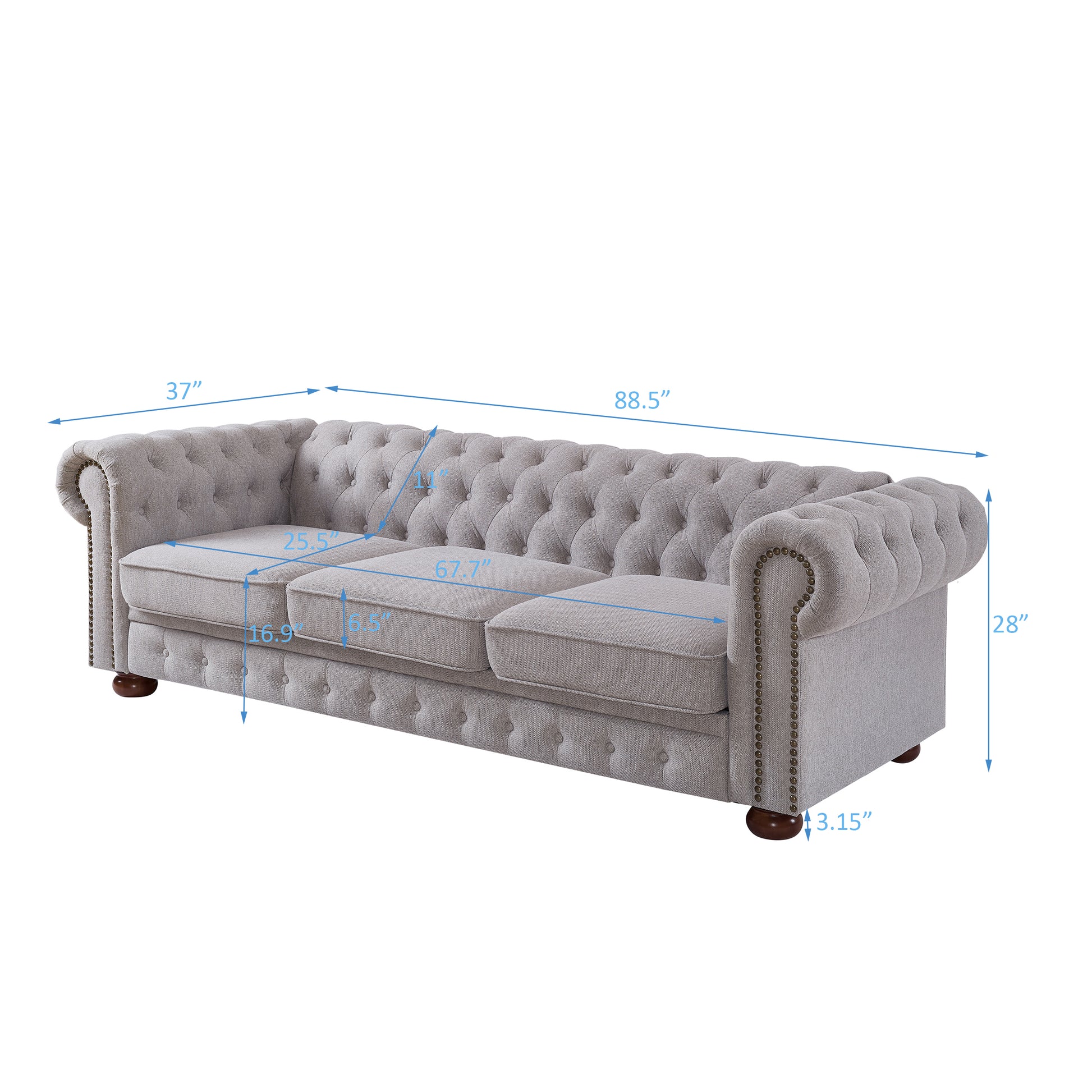Chesterfield Sofa In Linen Fabric Light Grey Light Grey Foam Fabric