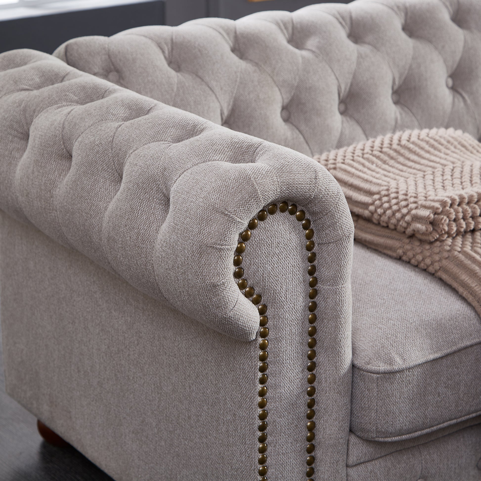 Chesterfield Sofa In Linen Fabric Light Grey Light Grey Foam Fabric
