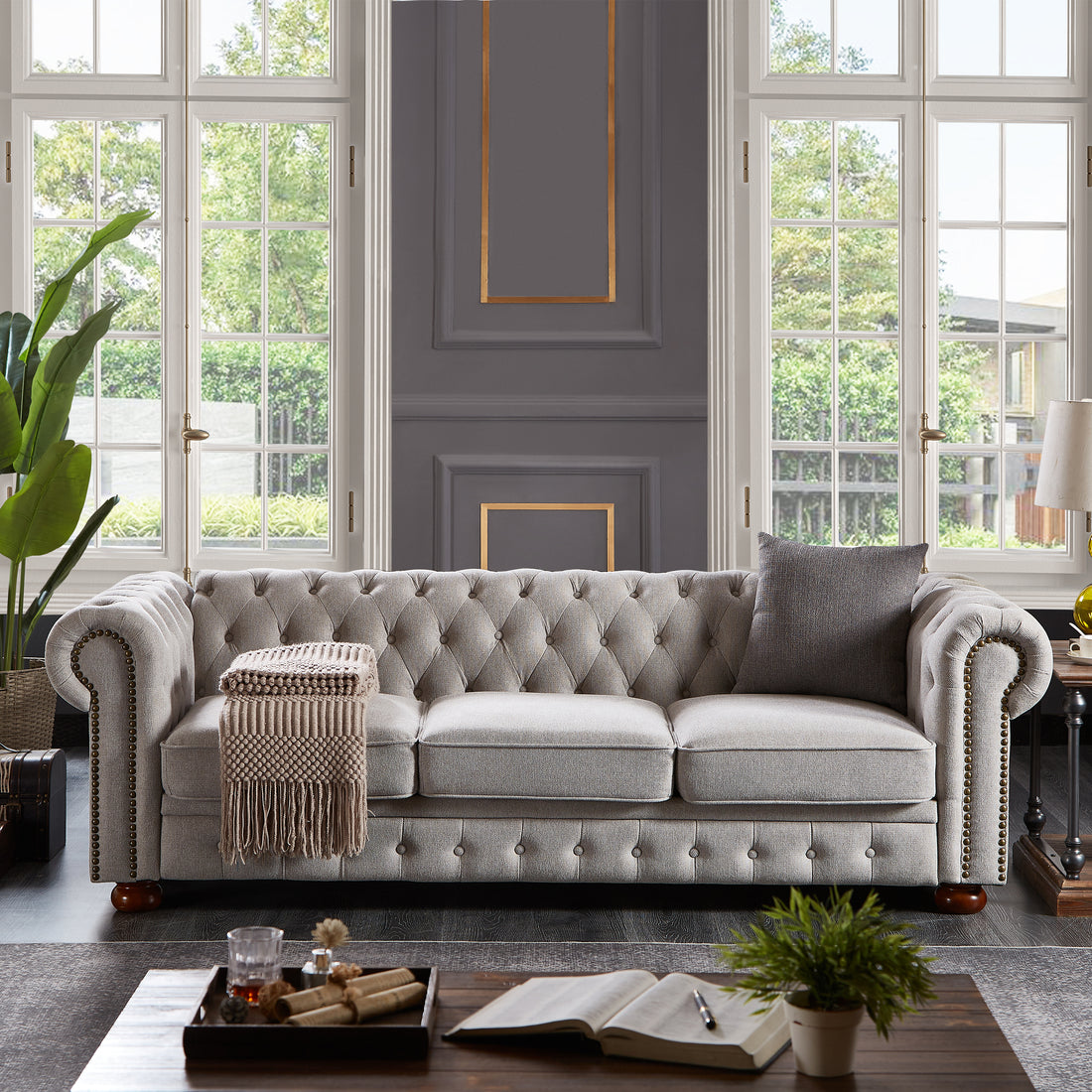 Chesterfield Sofa In Linen Fabric Light Grey Light Grey Foam Fabric