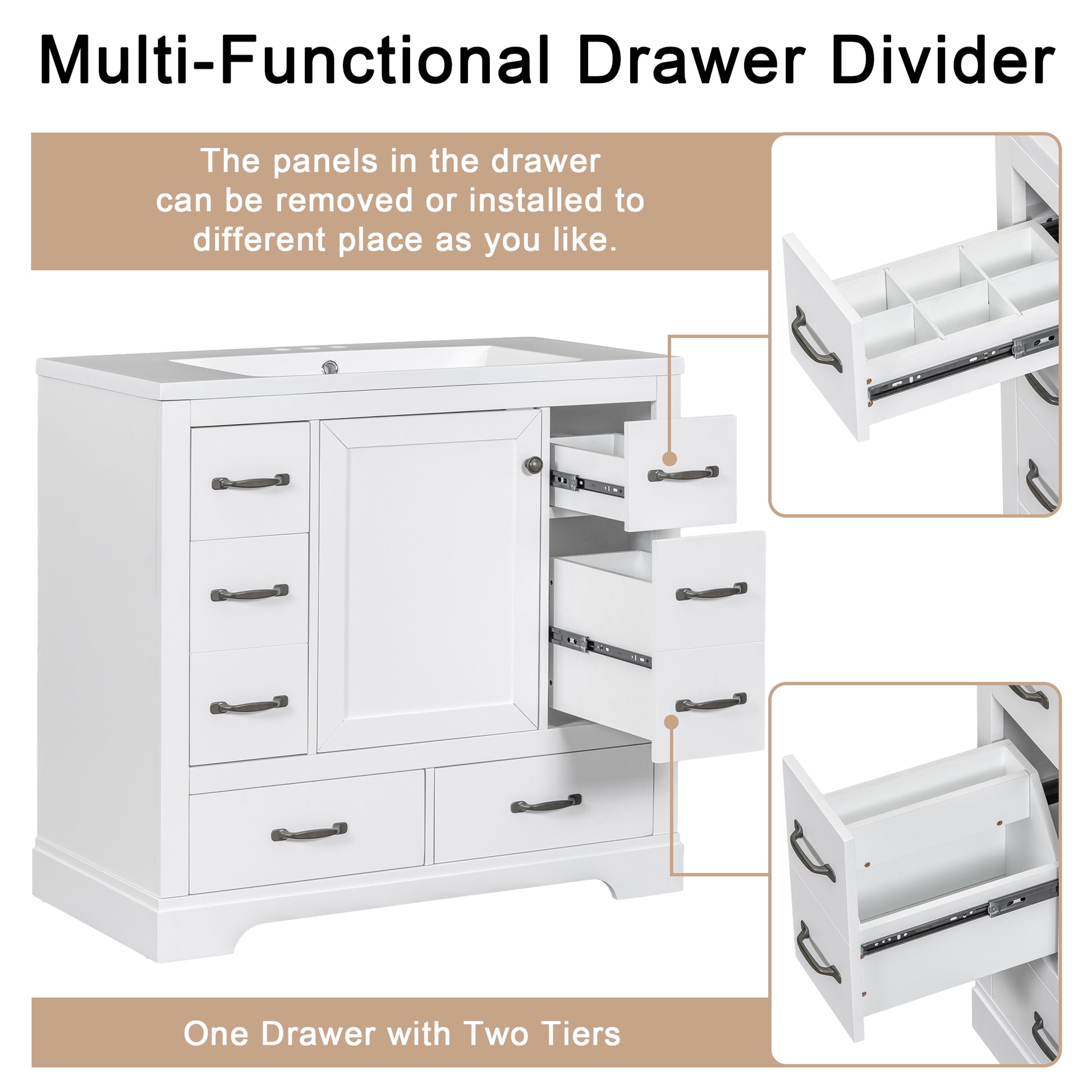 36" Bathroom Vanity Without Sink, Cabinet Base Only, Six Drawers, Multi Functional Drawer Divider, Adjustable Shelf, White White Solid Wood Mdf