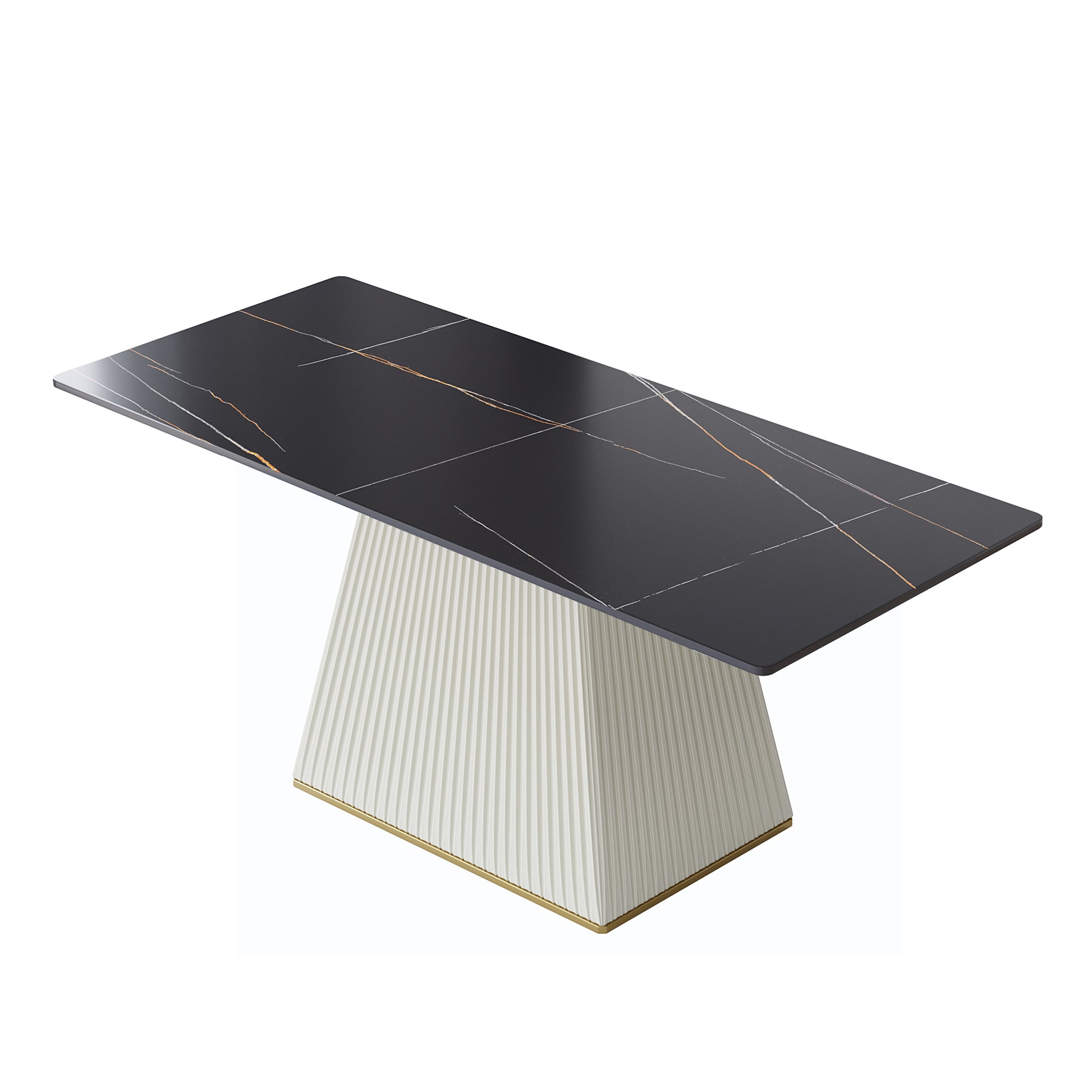 78.74" Modern Artificial Stone Black Straight Side Panel Beige Pu Plywood Table Legs Can Accommodate 8 People. Black Dining Room Plywood Sintered Stone