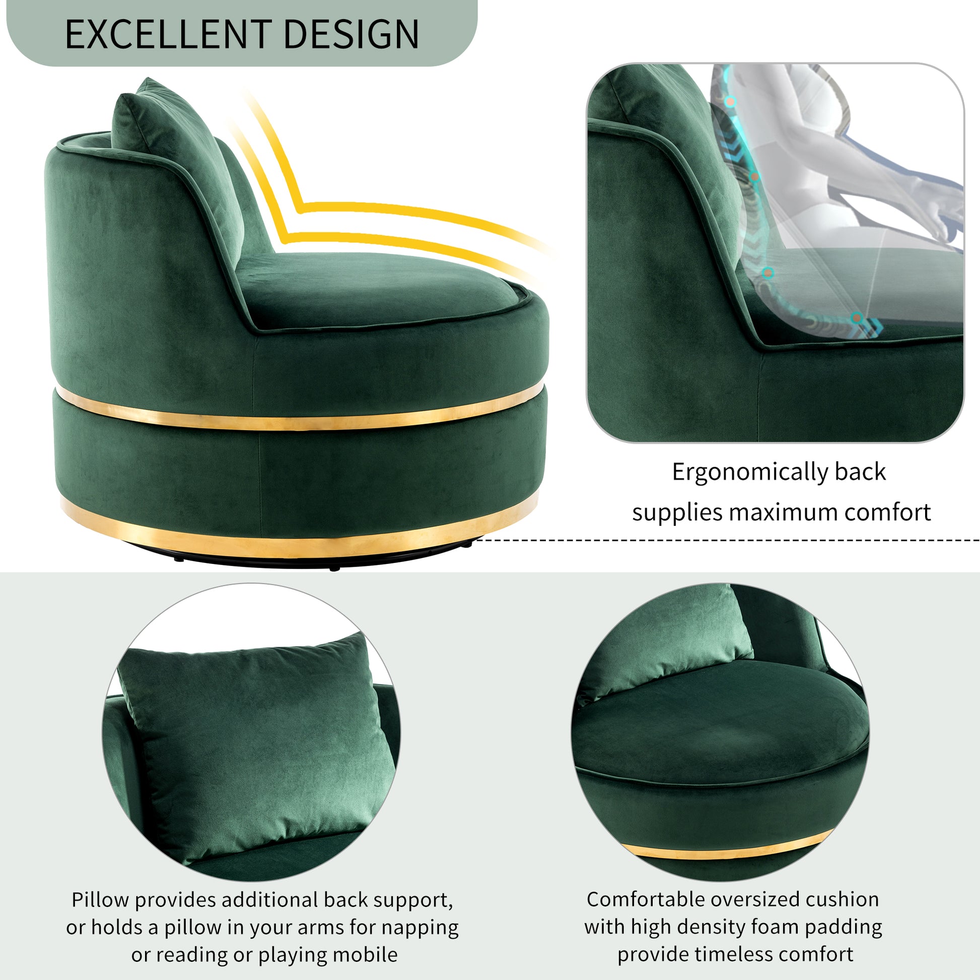 360 Degree Swivel Accent Chair Velvet Modern Upholstered Barrel Chair Over Sized Soft Chair With Seat Cushion For Living Room, Bedroom, Office, Apartment, Green Green Foam Velvet