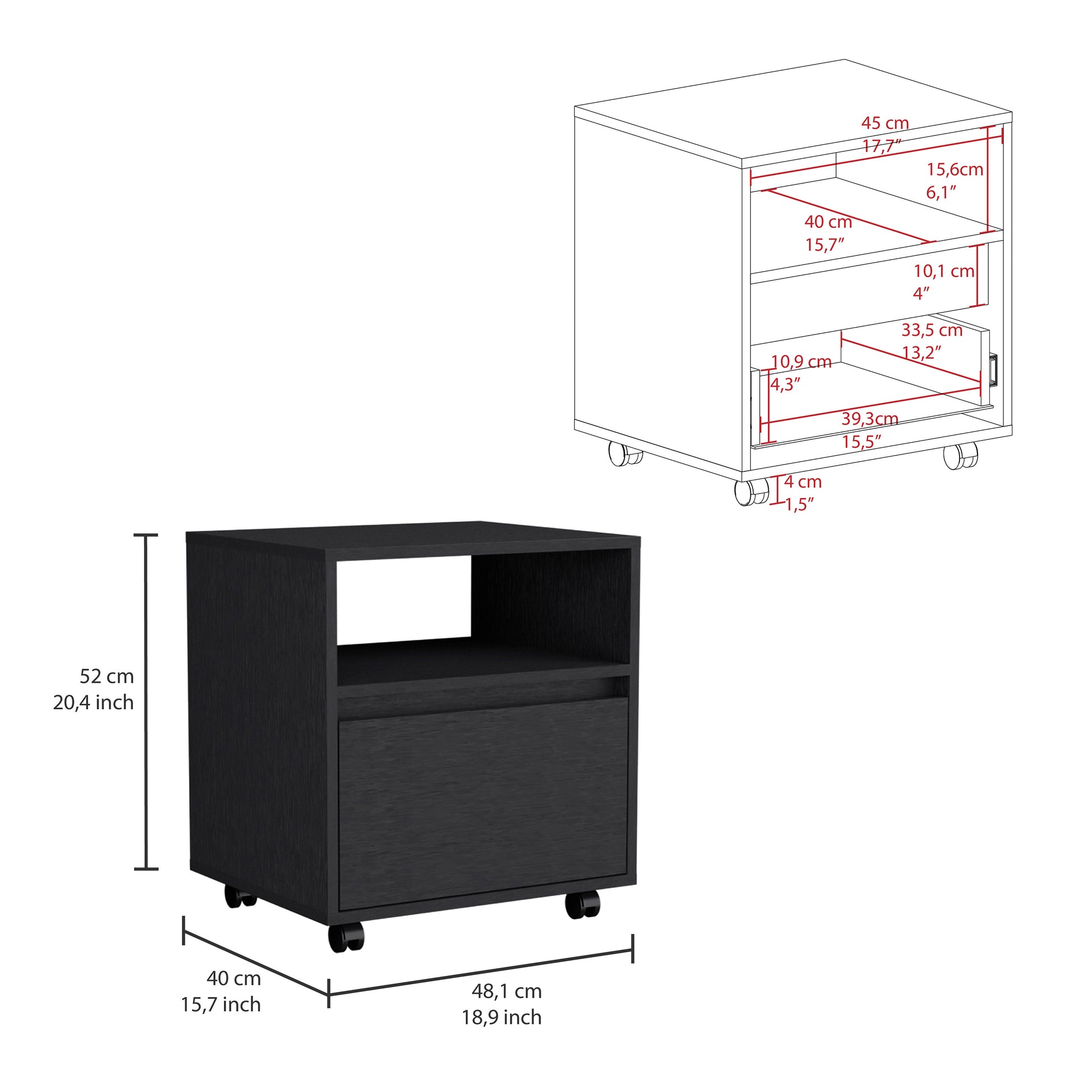 Austin Nightstandend Table, Side Table Casters, Single Drawer Black Wenge 1 Drawer Bedroom Rectangle Modern Shelf Particle Board Particle Board