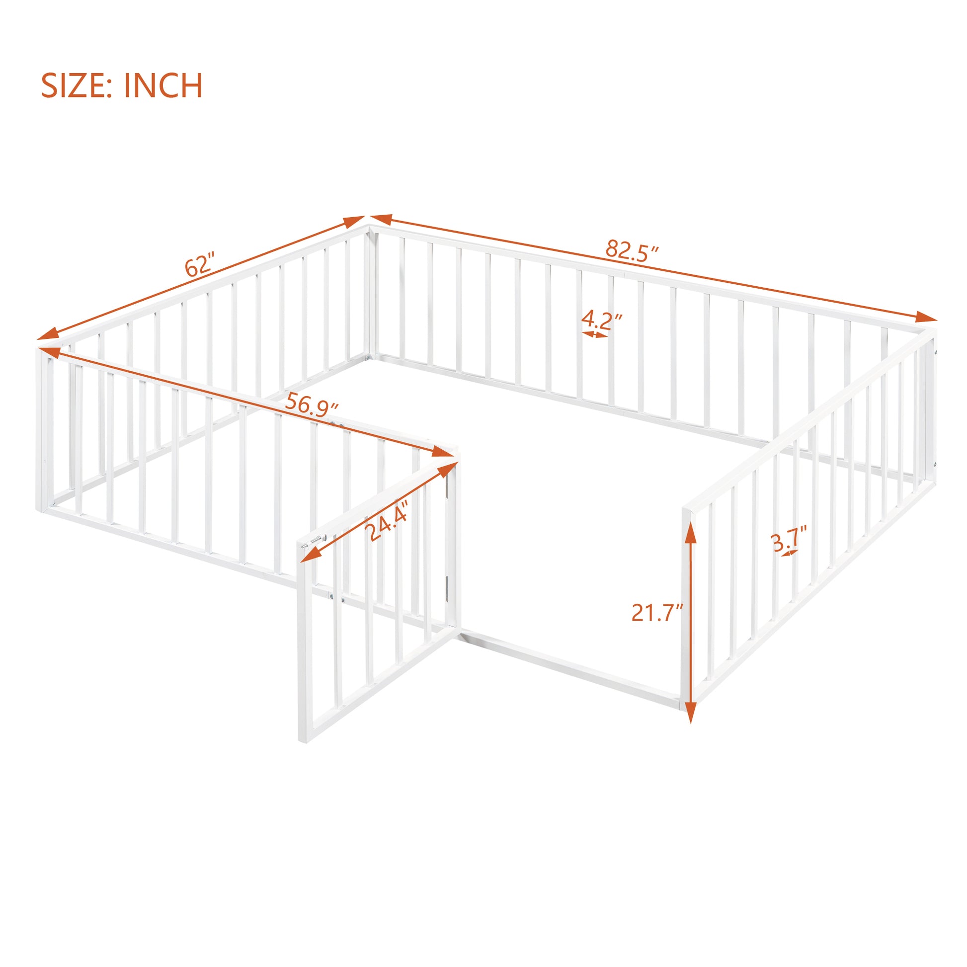 Queen Size Metal Floor Bed Frame With Fence And Door, White White Metal
