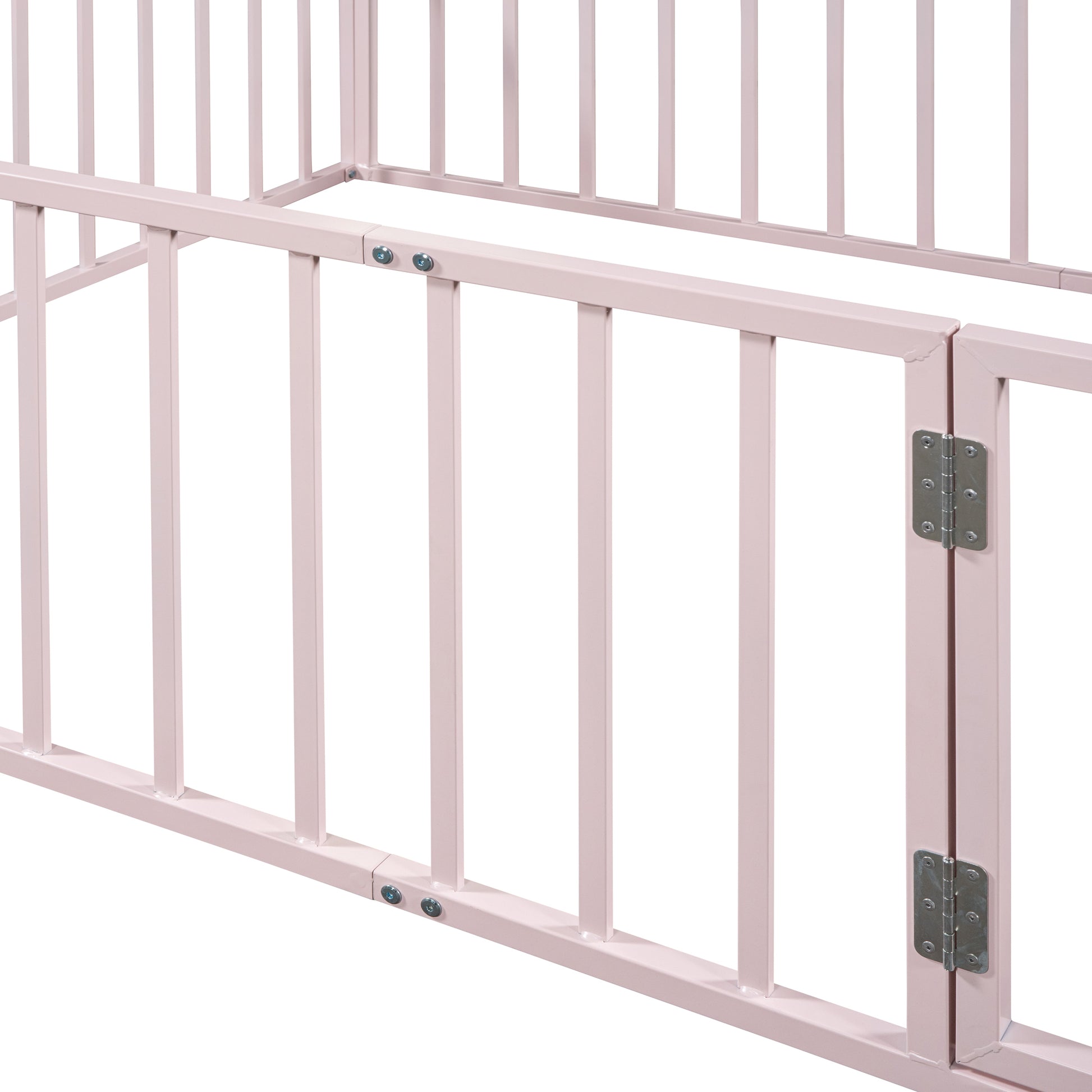 Queen Size Metal Floor Bed Frame With Fence And Door, Pink Pink Metal