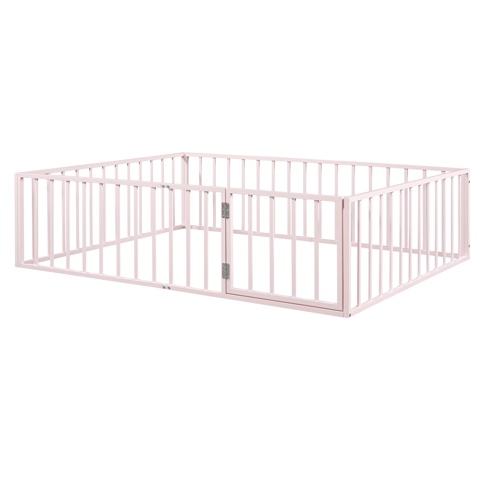 Queen Size Metal Floor Bed Frame With Fence And Door, Pink Pink Metal