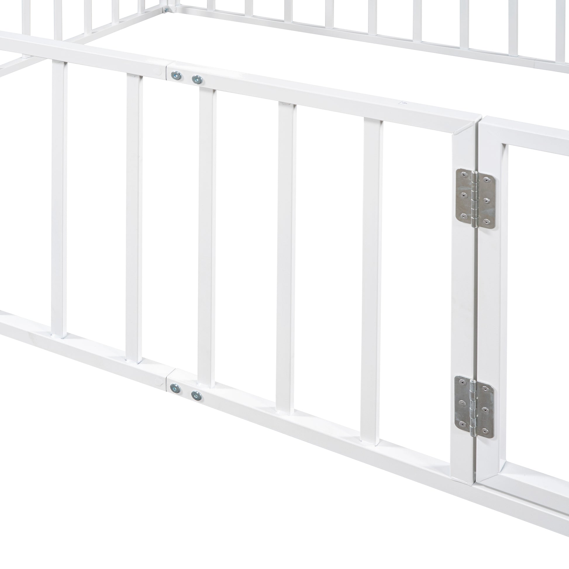 Queen Size Metal Floor Bed Frame With Fence And Door, White White Metal