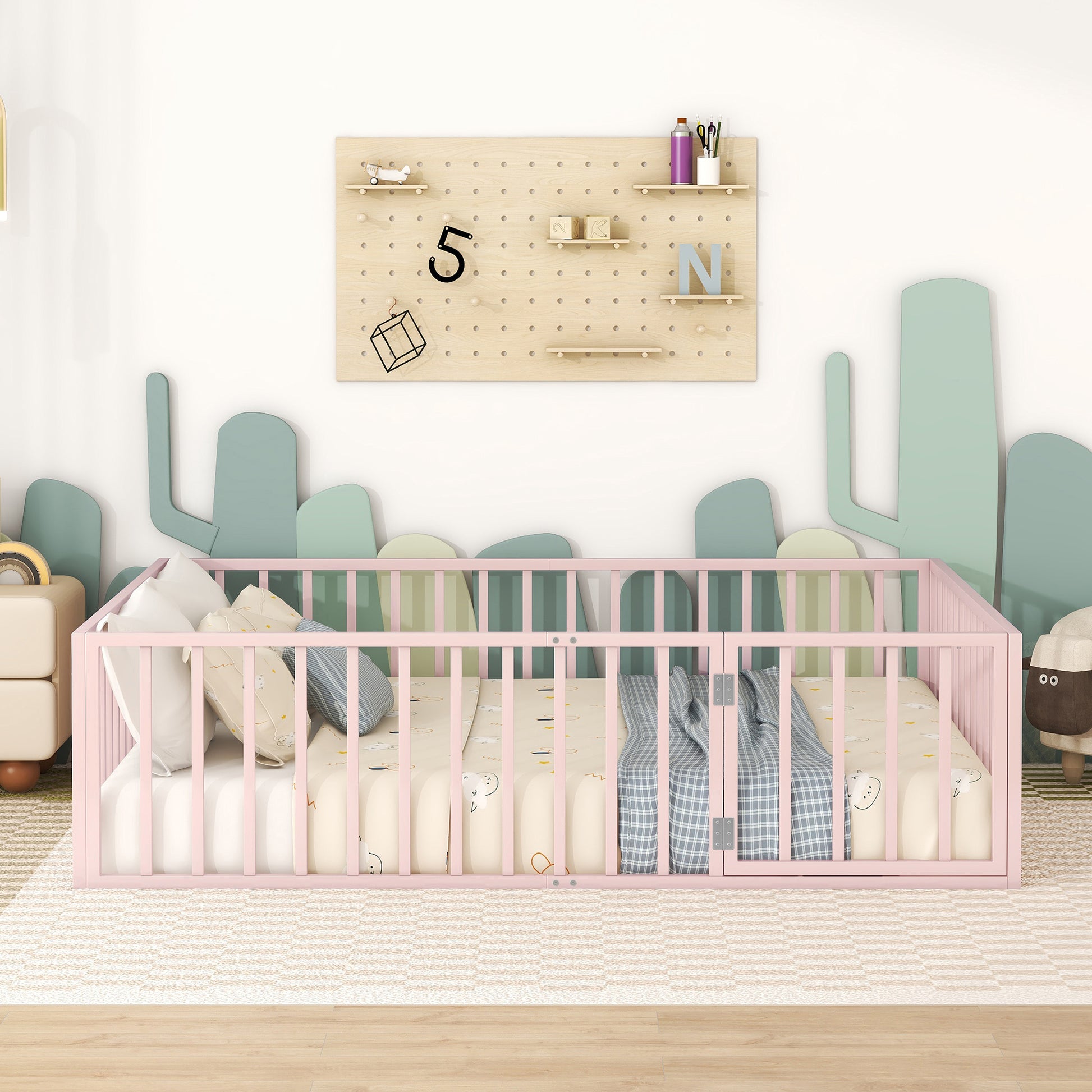 Queen Size Metal Floor Bed Frame With Fence And Door, Pink Pink Metal