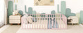 Queen Size Metal Floor Bed Frame With Fence And Door, Pink Pink Metal