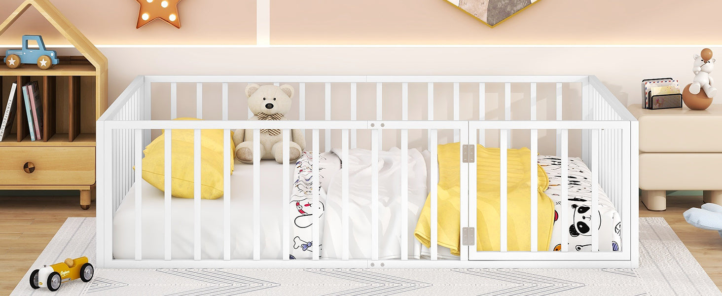 Queen Size Metal Floor Bed Frame With Fence And Door, White White Metal