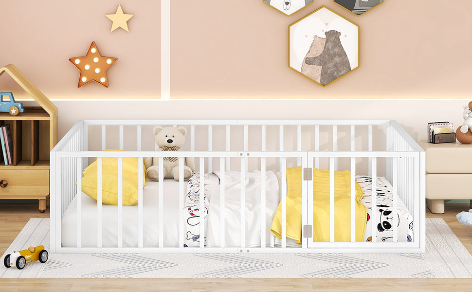 Queen Size Metal Floor Bed Frame With Fence And Door, White White Metal