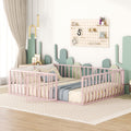 Queen Size Metal Floor Bed Frame With Fence And Door, Pink Pink Metal