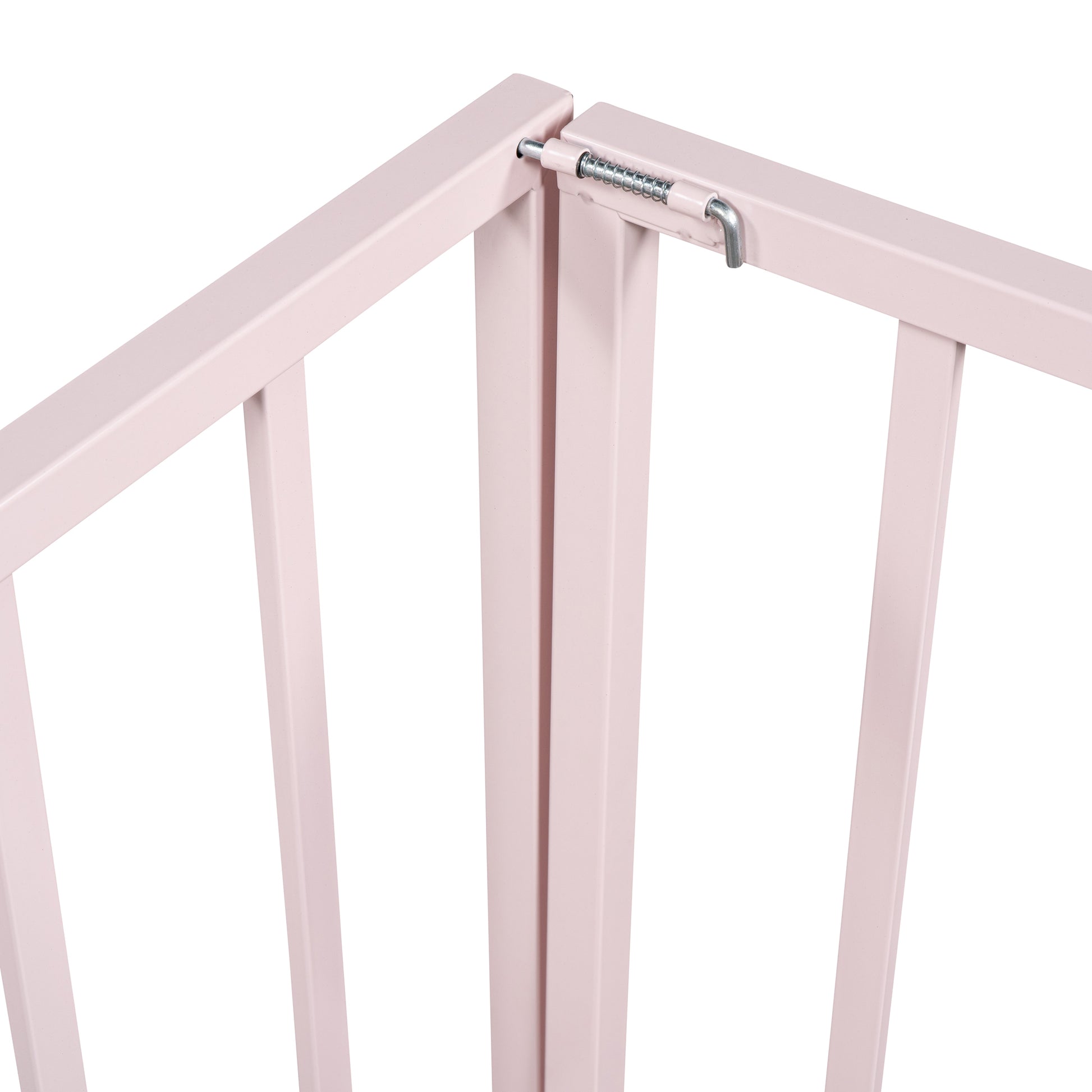 Queen Size Metal Floor Bed Frame With Fence And Door, Pink Pink Metal