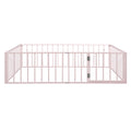 Queen Size Metal Floor Bed Frame With Fence And Door, Pink Pink Metal
