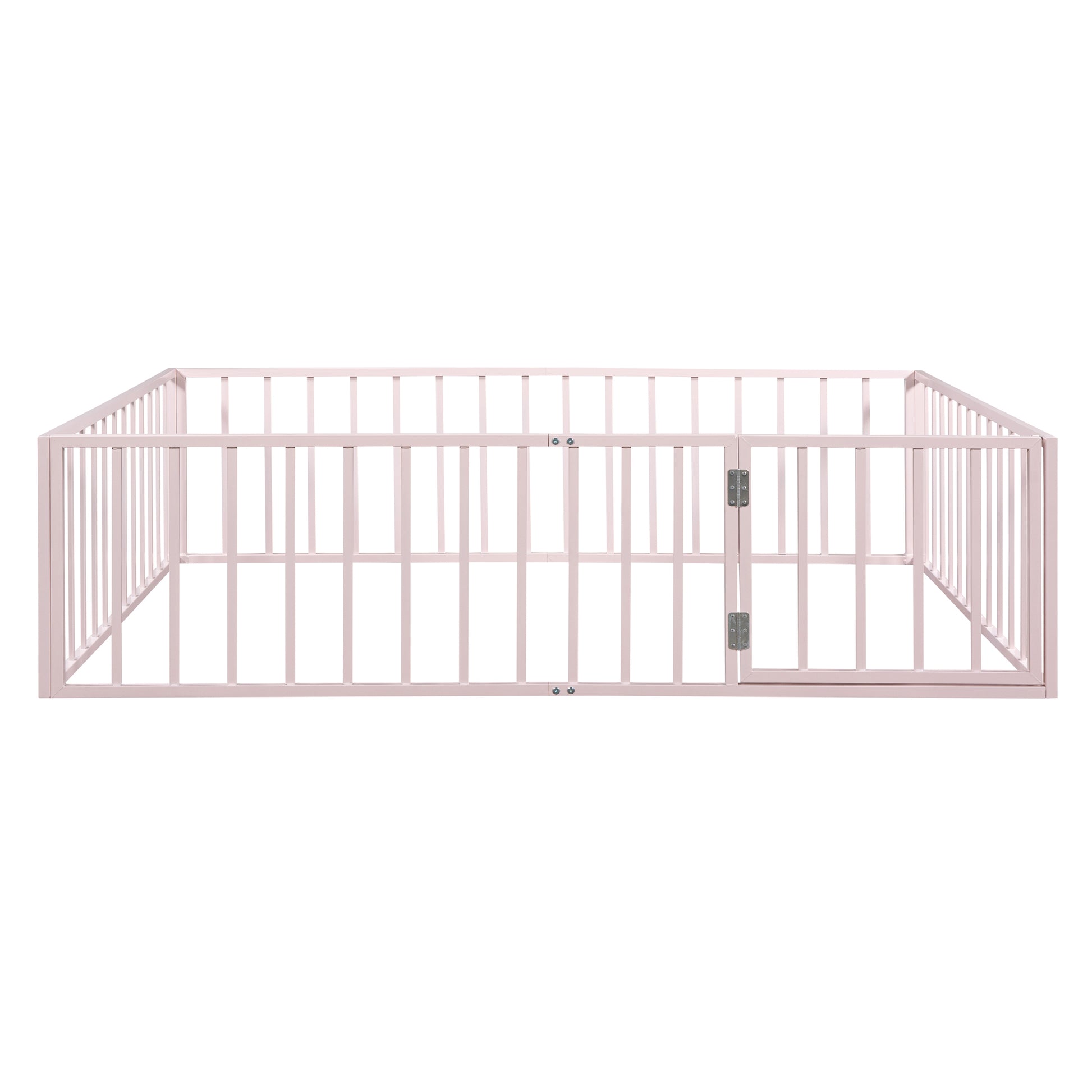 Queen Size Metal Floor Bed Frame With Fence And Door, Pink Pink Metal