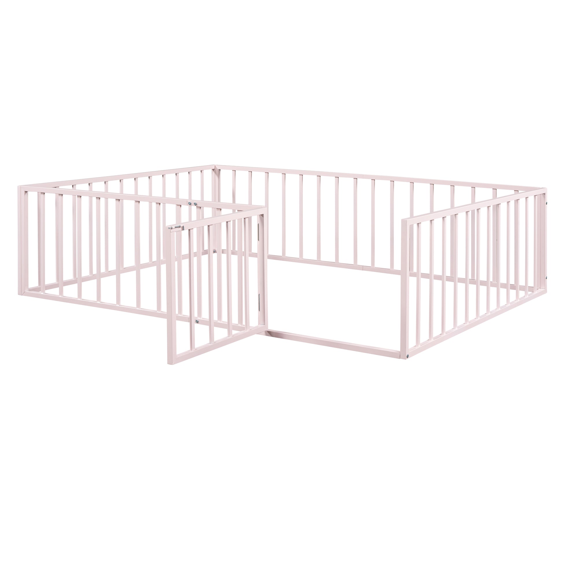 Queen Size Metal Floor Bed Frame With Fence And Door, Pink Pink Metal
