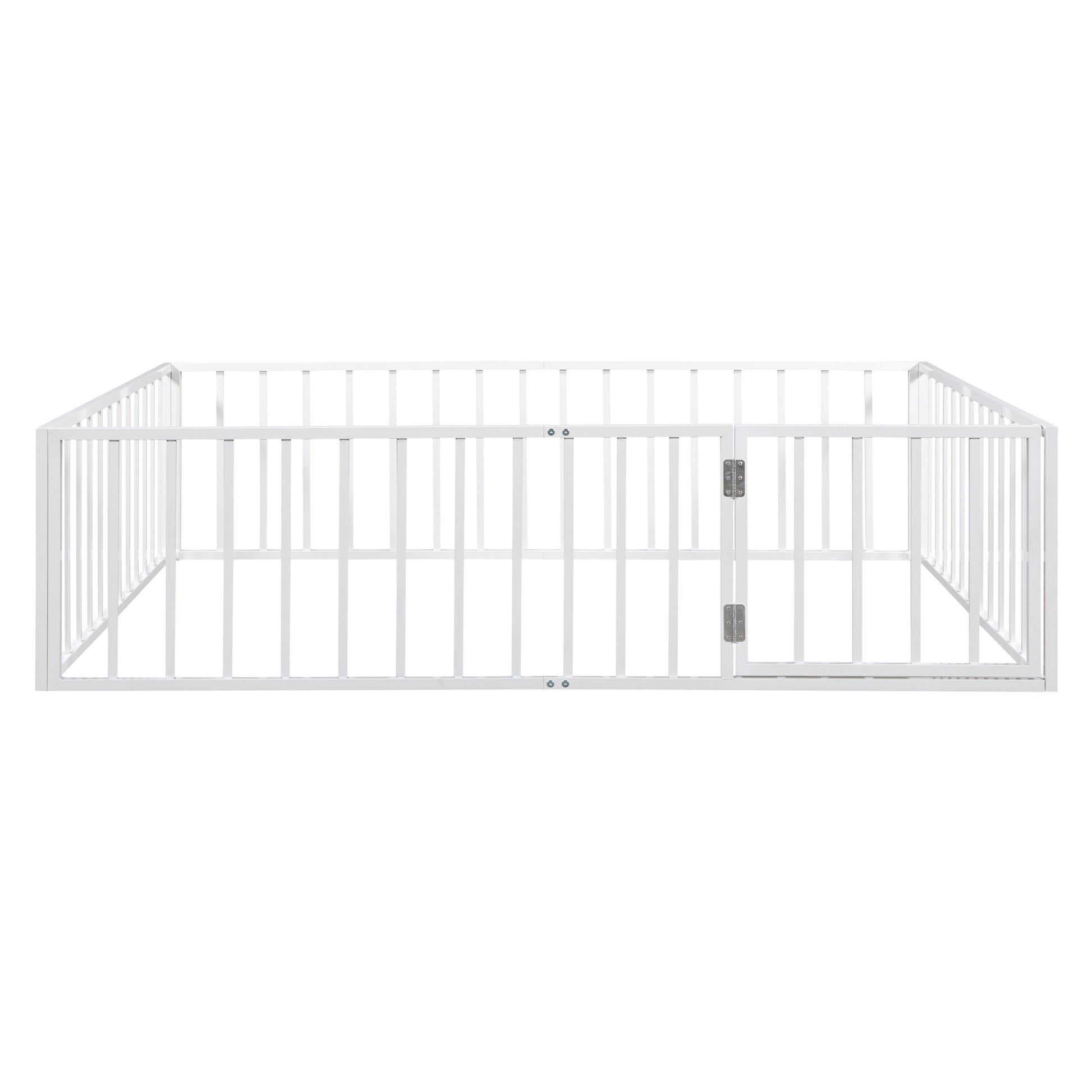 Queen Size Metal Floor Bed Frame With Fence And Door, White White Metal