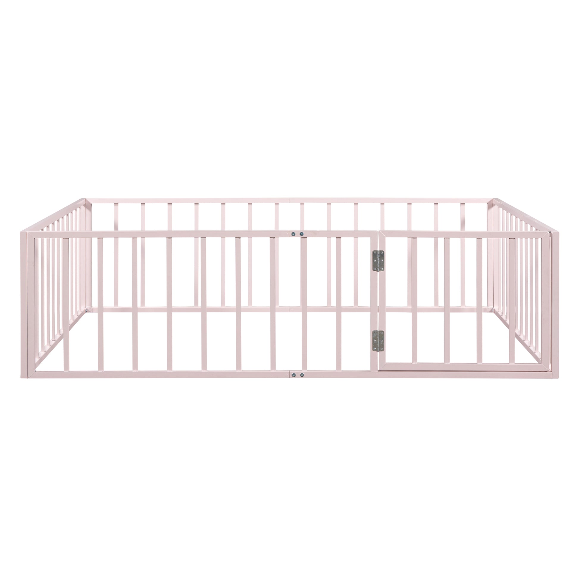 Full Size Metal Floor Bed Frame With Fence And Door, Pink Pink Metal