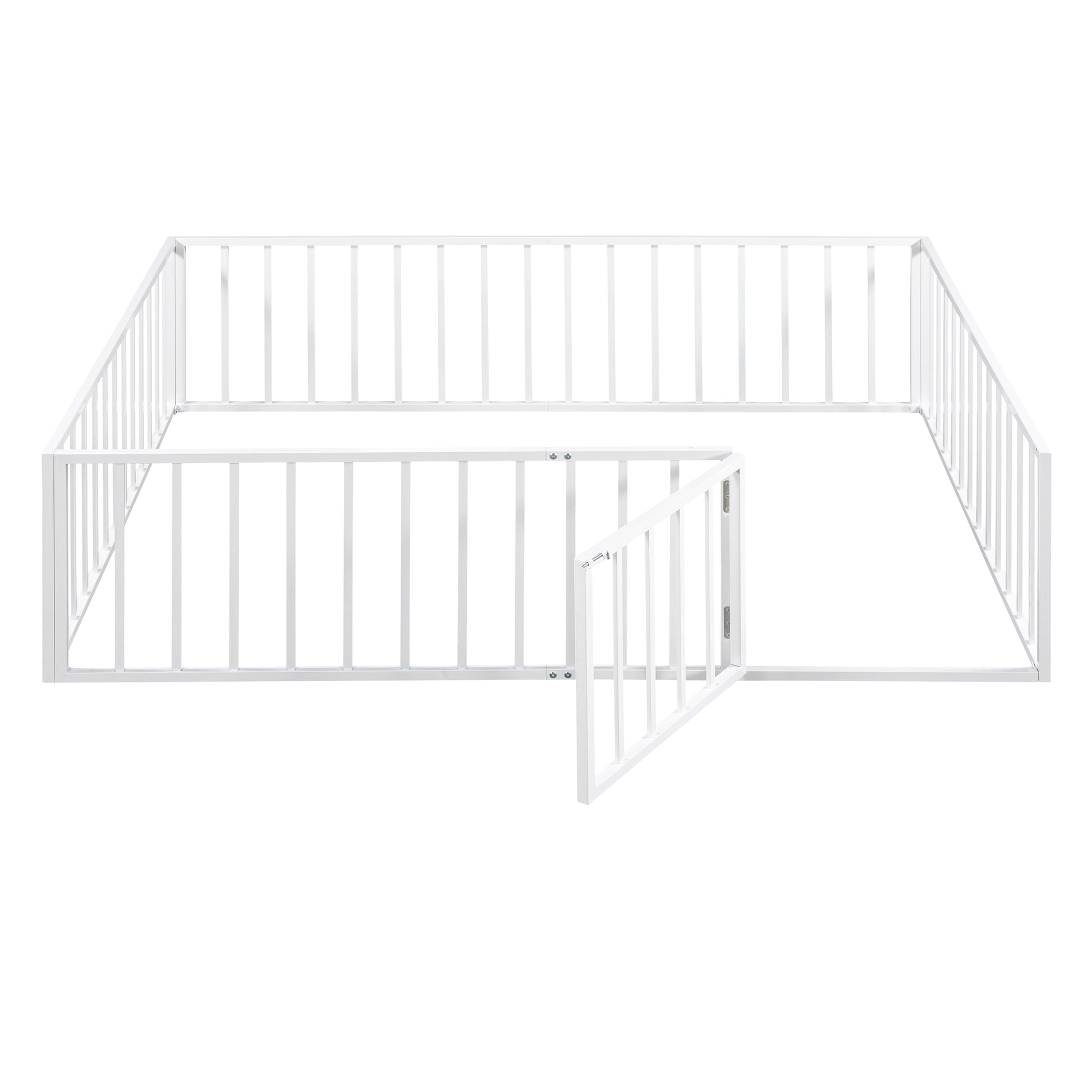 Queen Size Metal Floor Bed Frame With Fence And Door, White White Metal