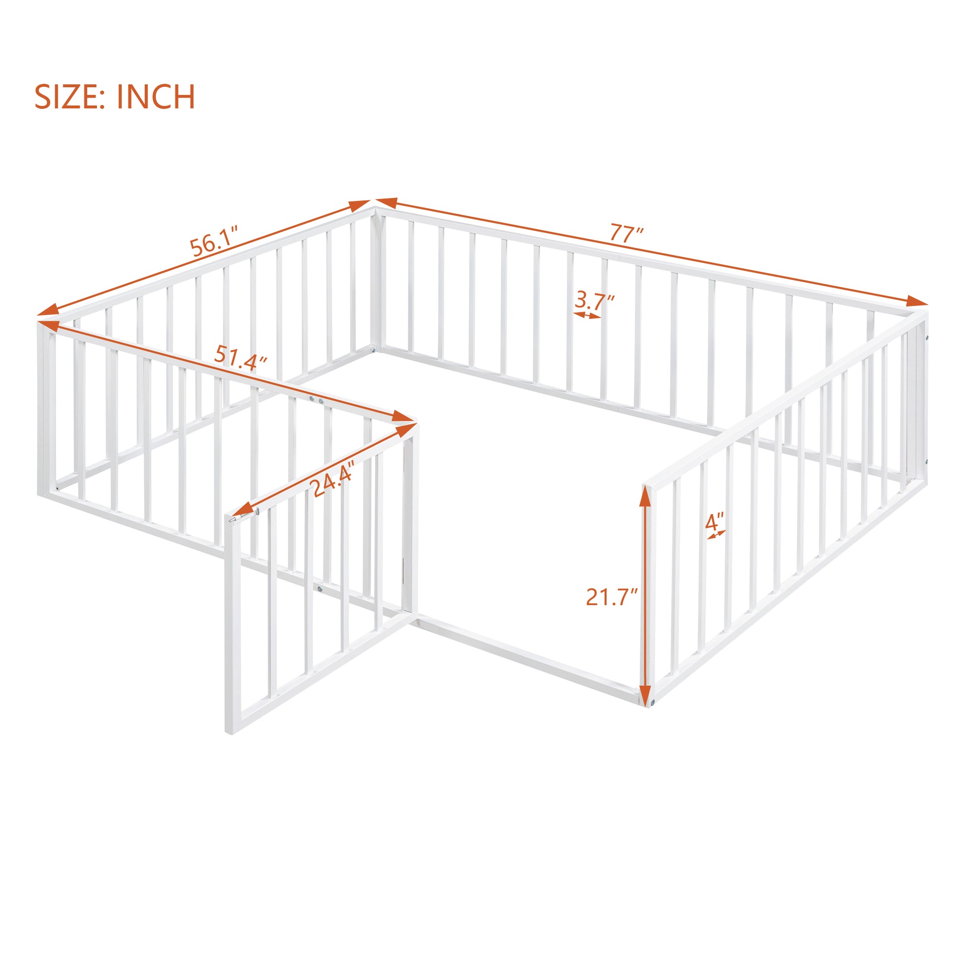Full Size Metal Floor Bed Frame With Fence And Door, White White Metal