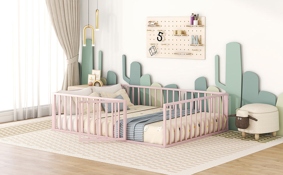 Queen Size Metal Floor Bed Frame With Fence And Door, Pink Pink Metal