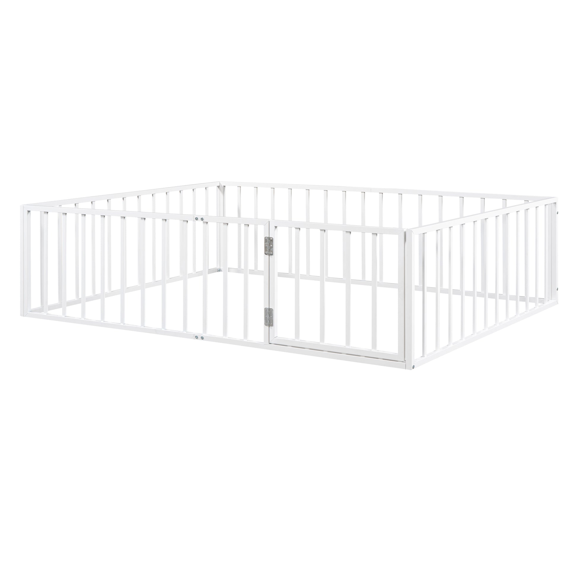 Queen Size Metal Floor Bed Frame With Fence And Door, White White Metal