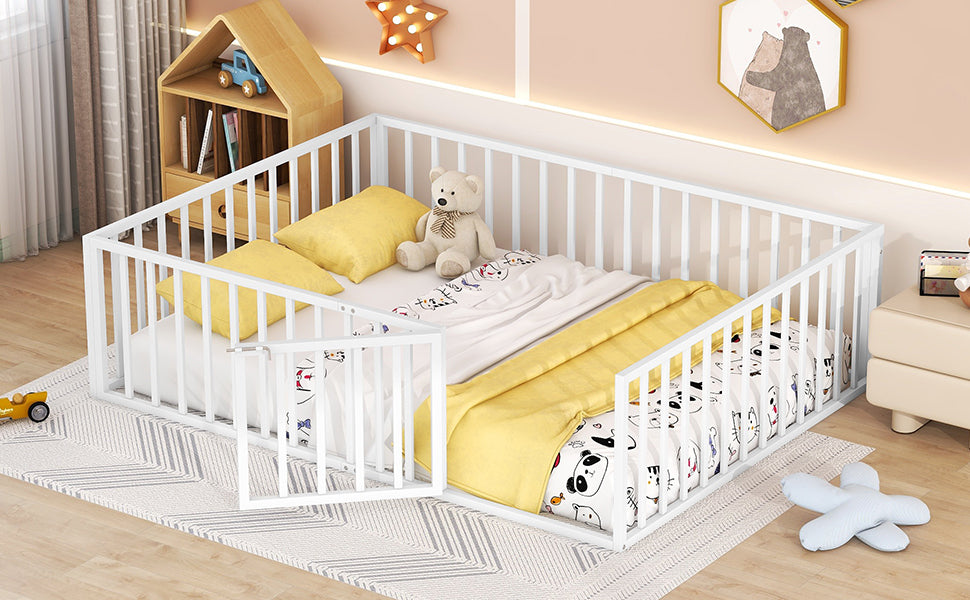 Queen Size Metal Floor Bed Frame With Fence And Door, White White Metal