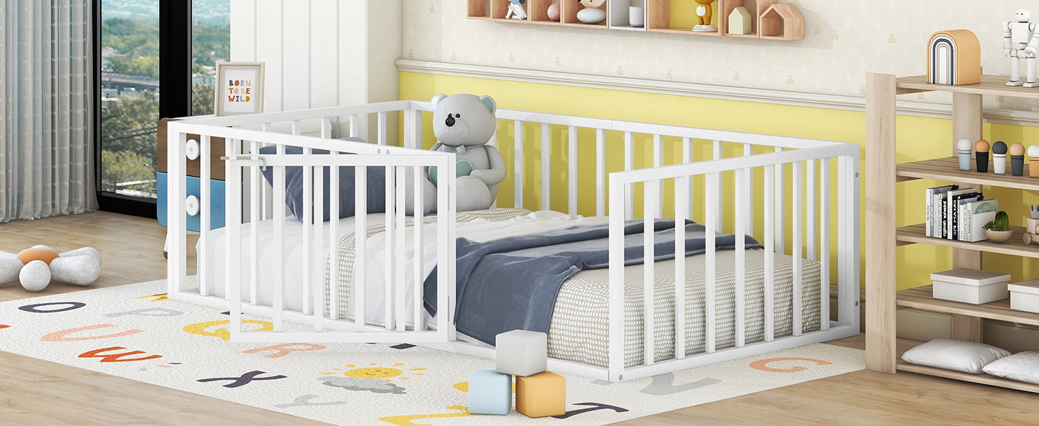 Twin Size Metal Floor Bed Frame With Fence And Door, White White Metal