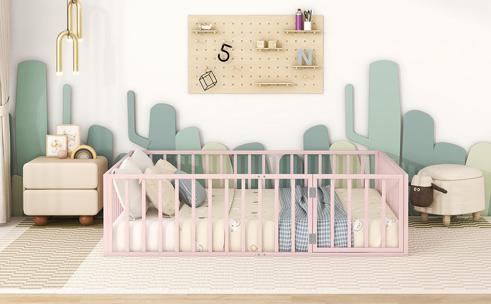 Queen Size Metal Floor Bed Frame With Fence And Door, Pink Pink Metal