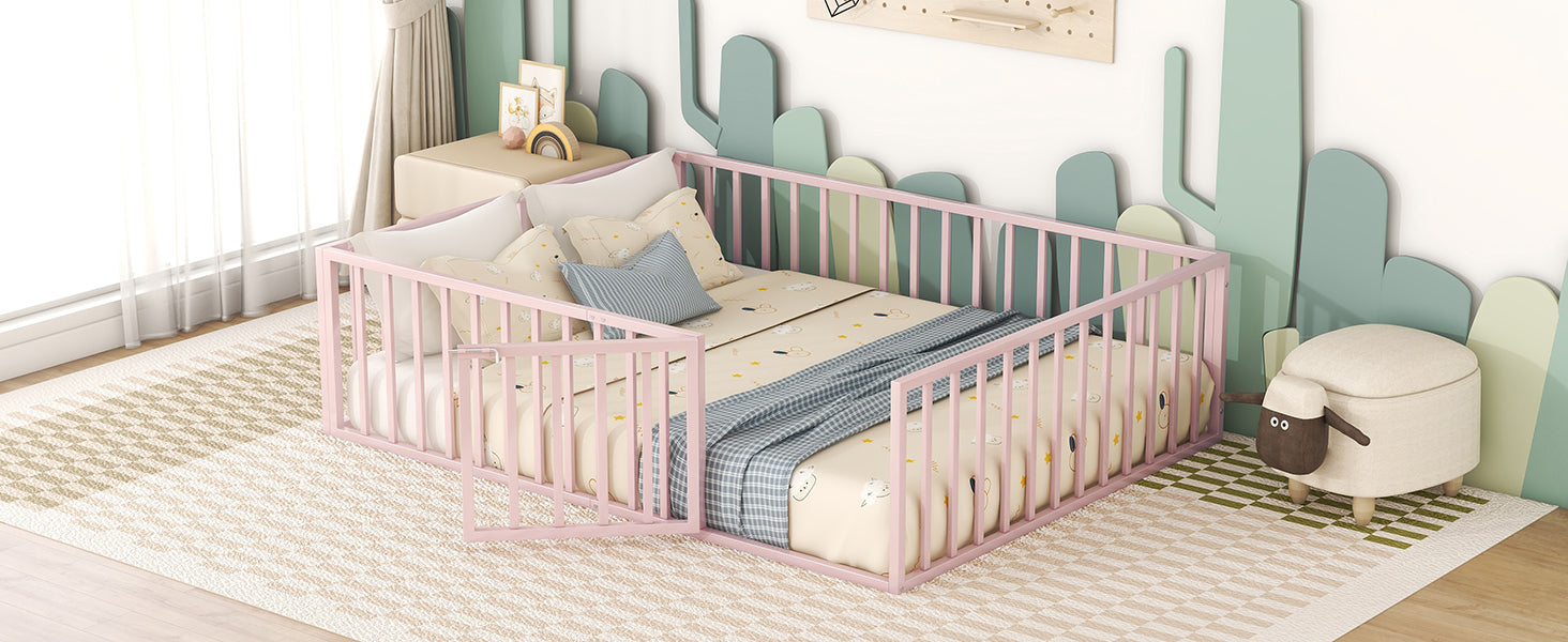 Queen Size Metal Floor Bed Frame With Fence And Door, Pink Pink Metal