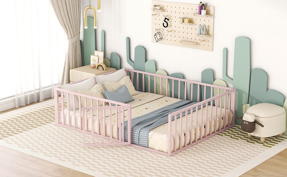 Queen Size Metal Floor Bed Frame With Fence And Door, Pink Pink Metal