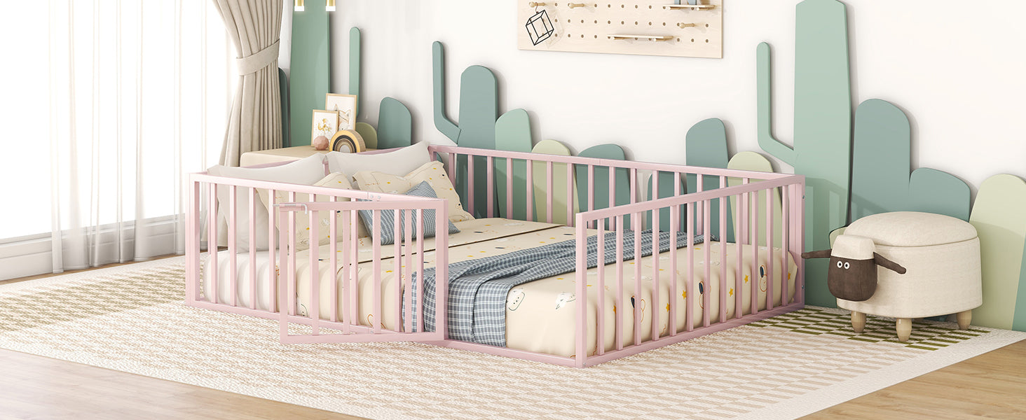 Queen Size Metal Floor Bed Frame With Fence And Door, Pink Pink Metal