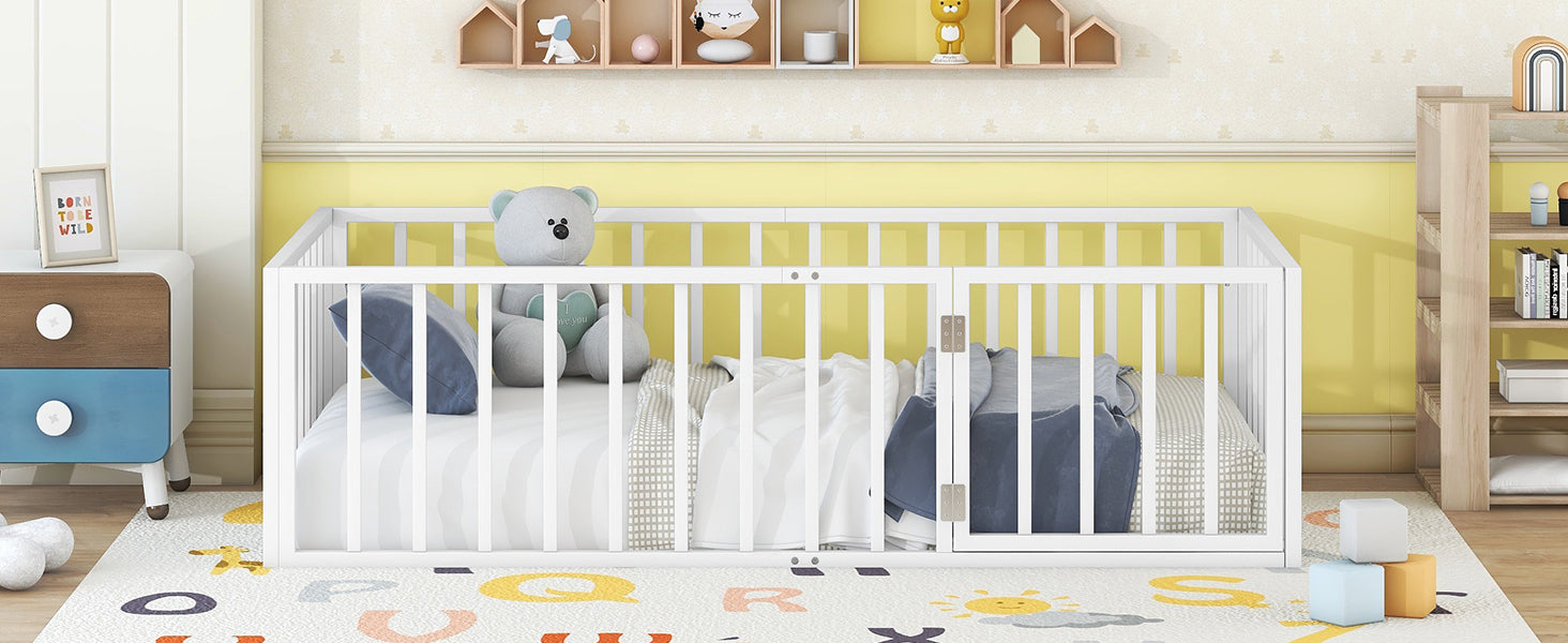 Twin Size Metal Floor Bed Frame With Fence And Door, White White Metal