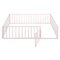 Queen Size Metal Floor Bed Frame With Fence And Door, Pink Pink Metal