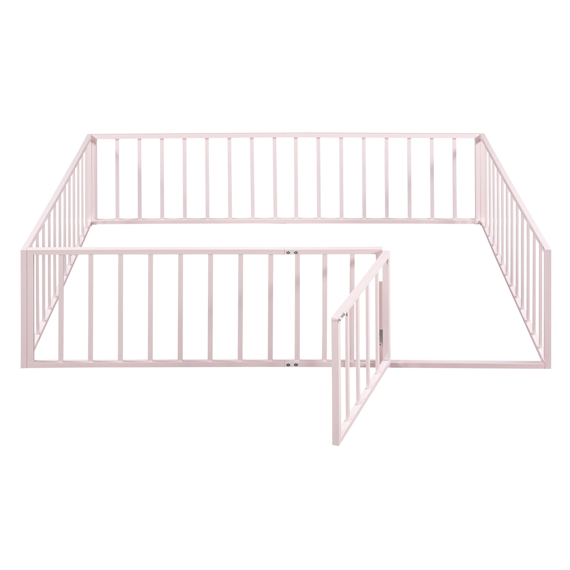 Queen Size Metal Floor Bed Frame With Fence And Door, Pink Pink Metal
