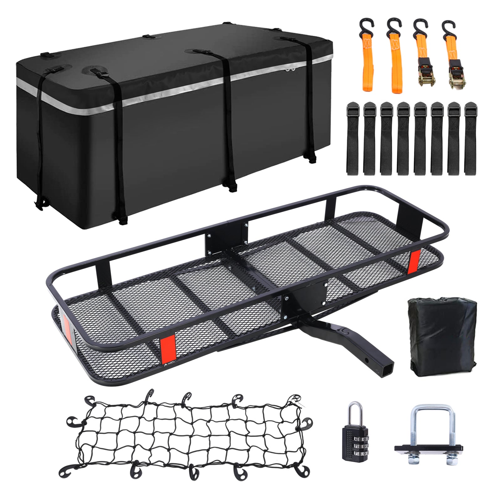 Hitch Mount Cargo Carrier Basket 60" X 21" X 6" Waterproof Cargo Bag 16 Cubic Feet 56" 20" 20" ,Hauling Weight Capacity Of 500 Lbs And A Folding Arm.With Hitch Stabilizer,Net And Straps Black Metal
