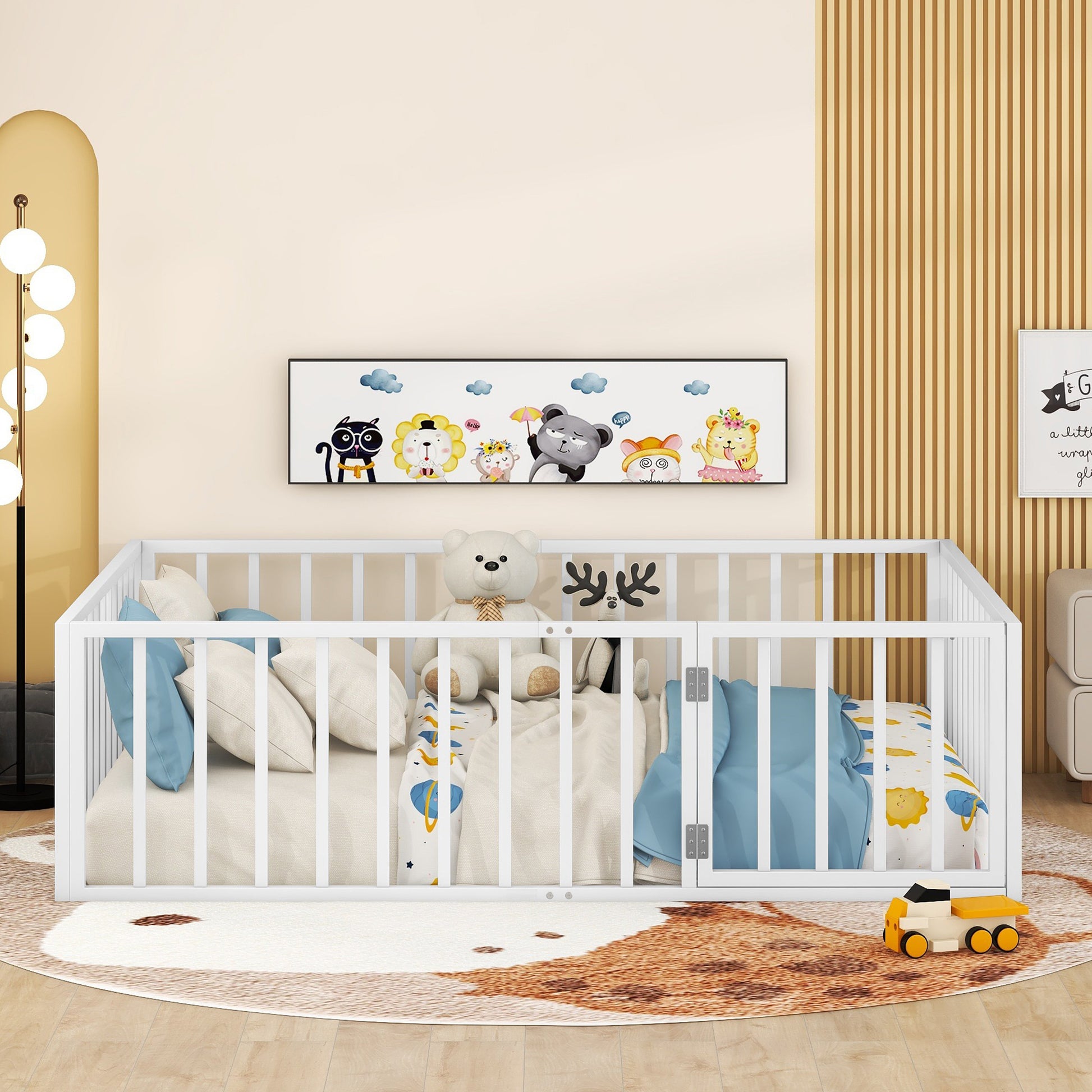Full Size Metal Floor Bed Frame With Fence And Door, White White Metal