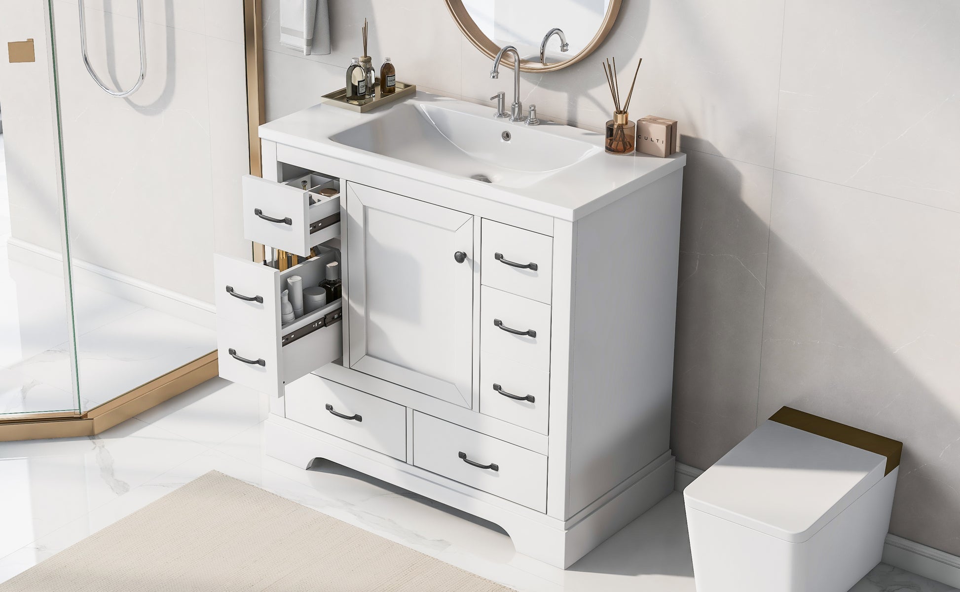 36" Bathroom Vanity With Sink Combo, Six Drawers, Multi Functional Drawer Divider, Adjustable Shelf, White White Solid Wood Mdf