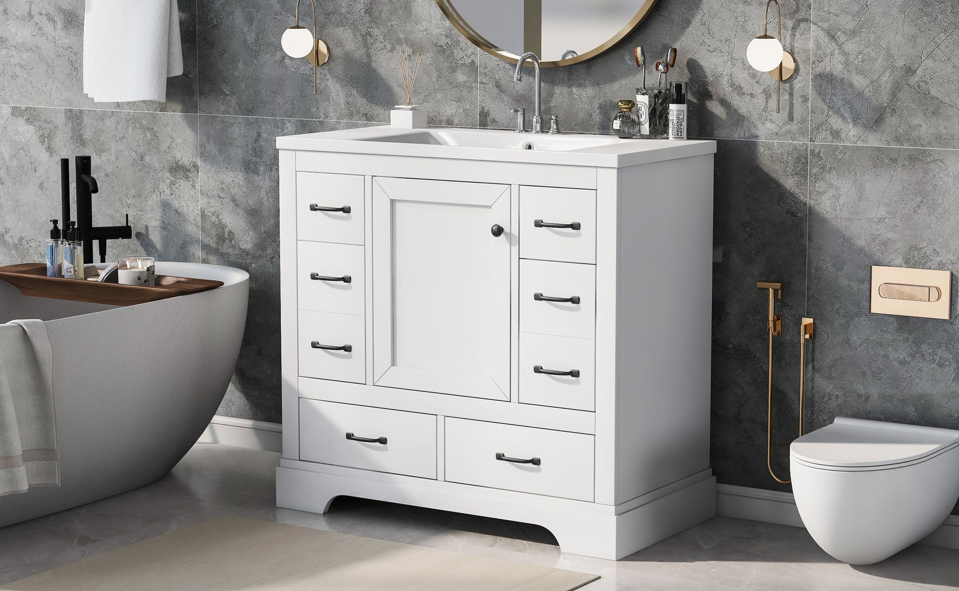 36" Bathroom Vanity With Sink Combo, Six Drawers, Multi Functional Drawer Divider, Adjustable Shelf, White White Solid Wood Mdf