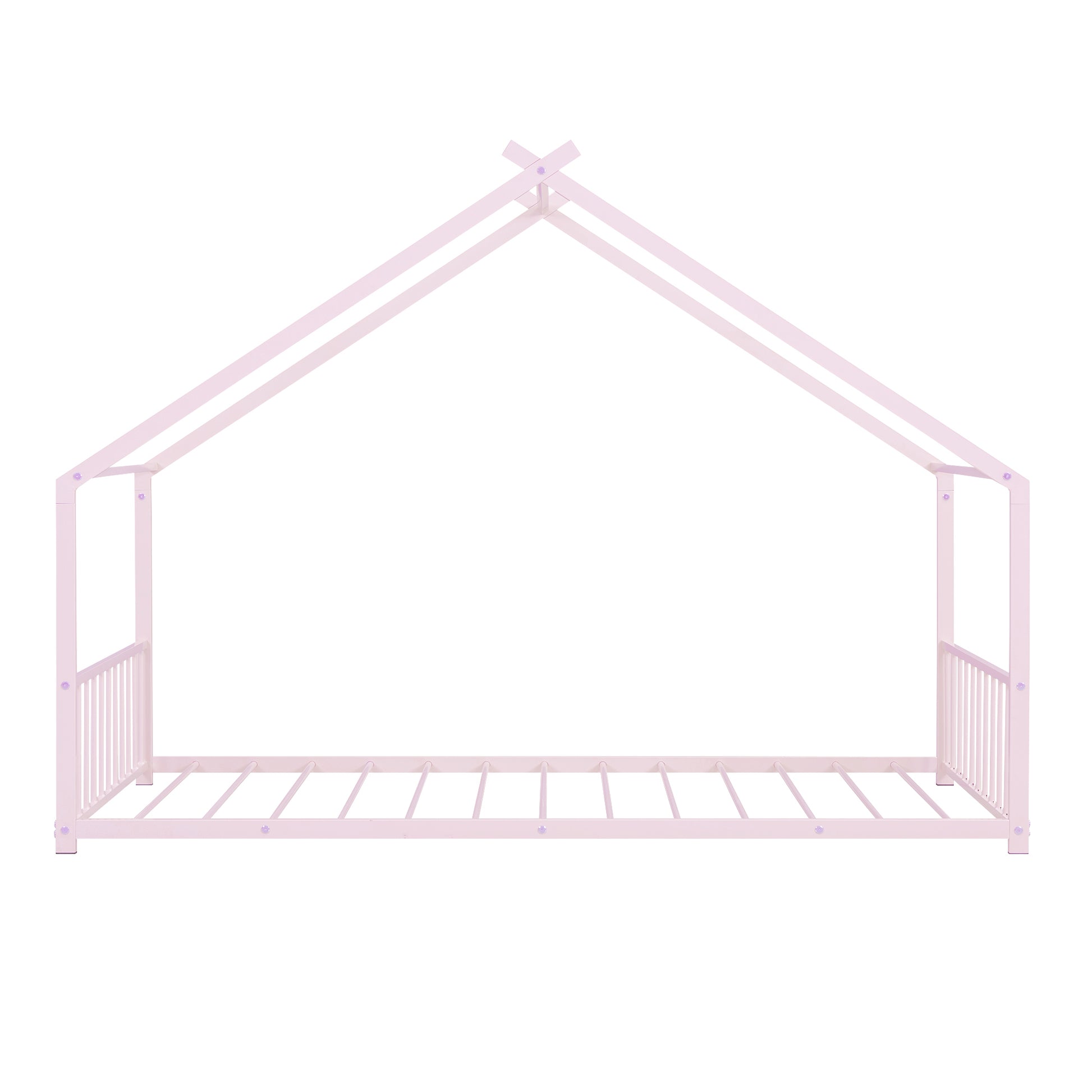 Twin Size Metal House Bed, Pink Pink Metal