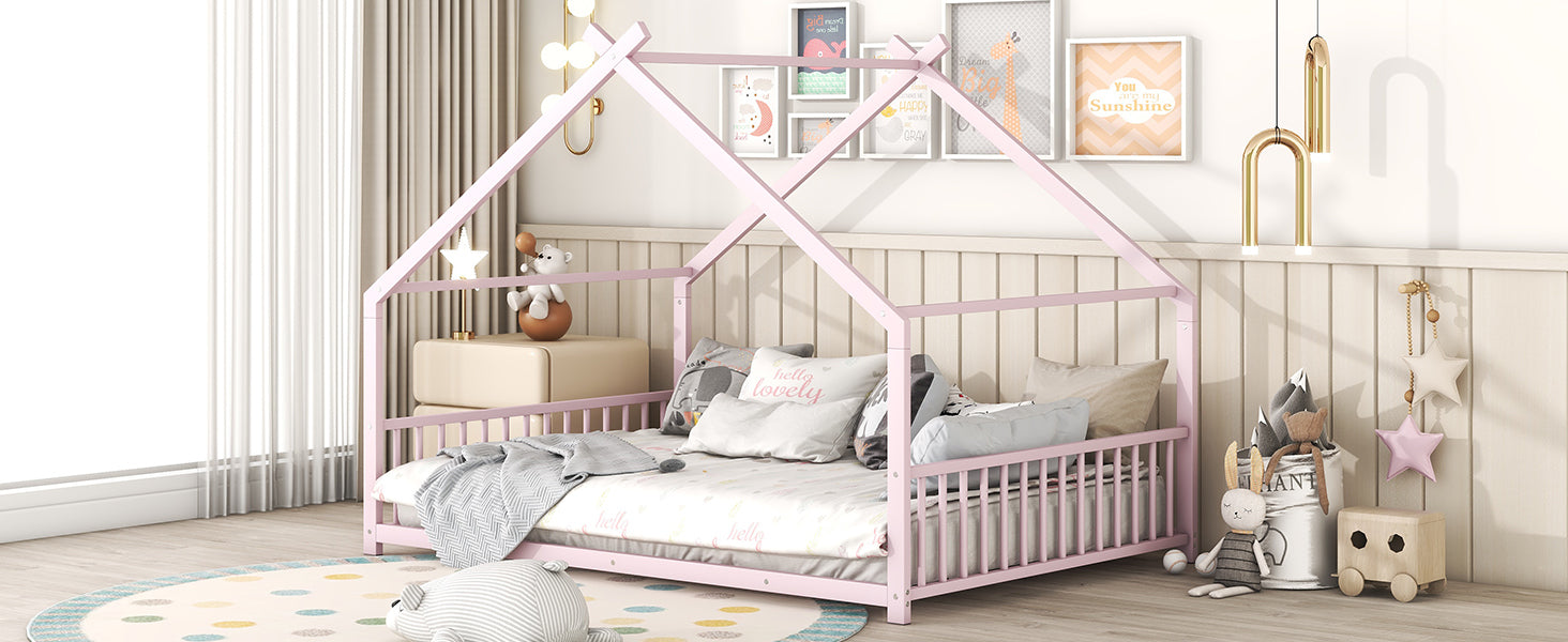 Full Size Metal House Bed, Pink Pink Metal
