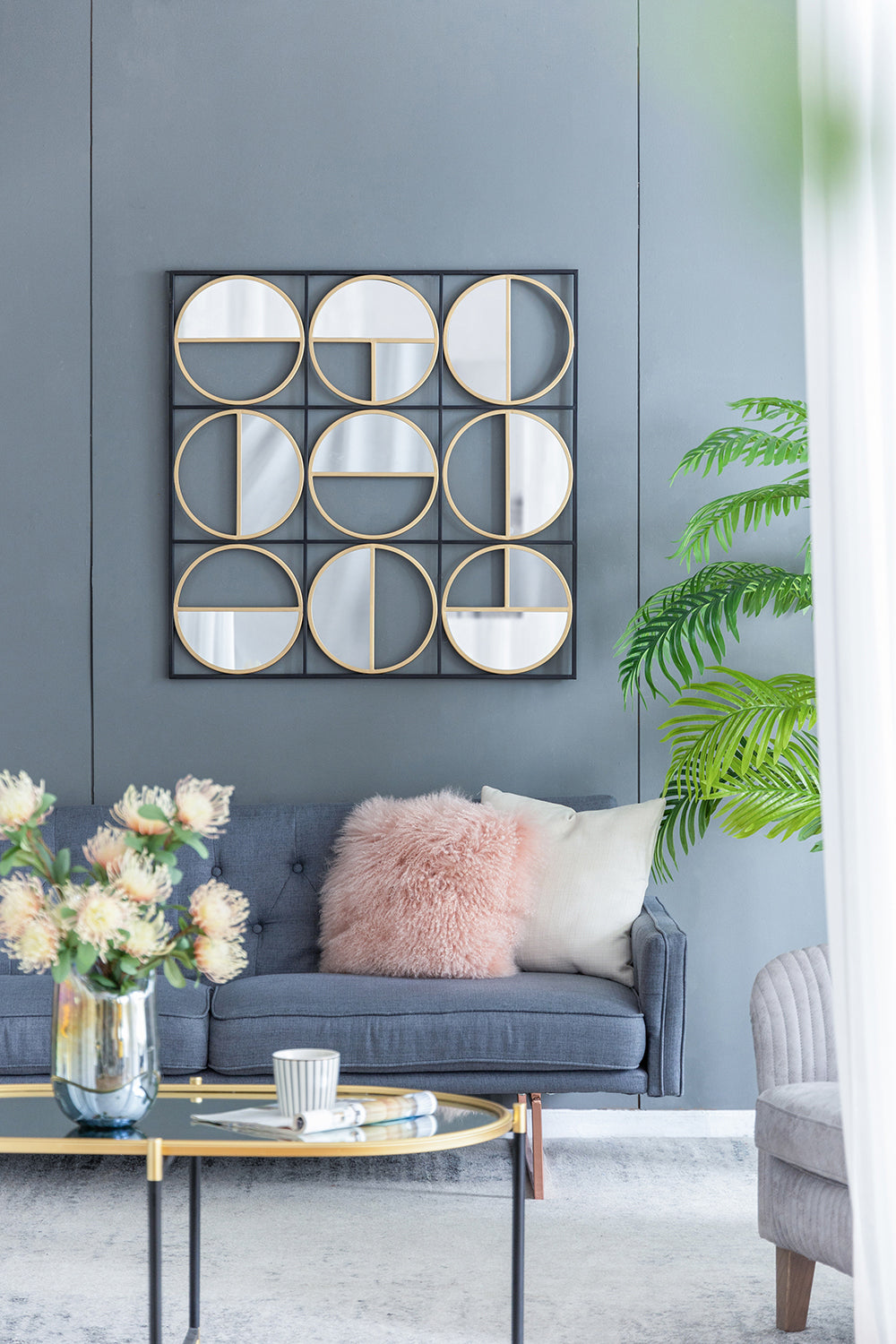 35.6" In Eclectic Styling Metal Beaded Black Wall Mirror With Contemporary Design For Bedroom,Liveroom & Entryway Golden Black Iron