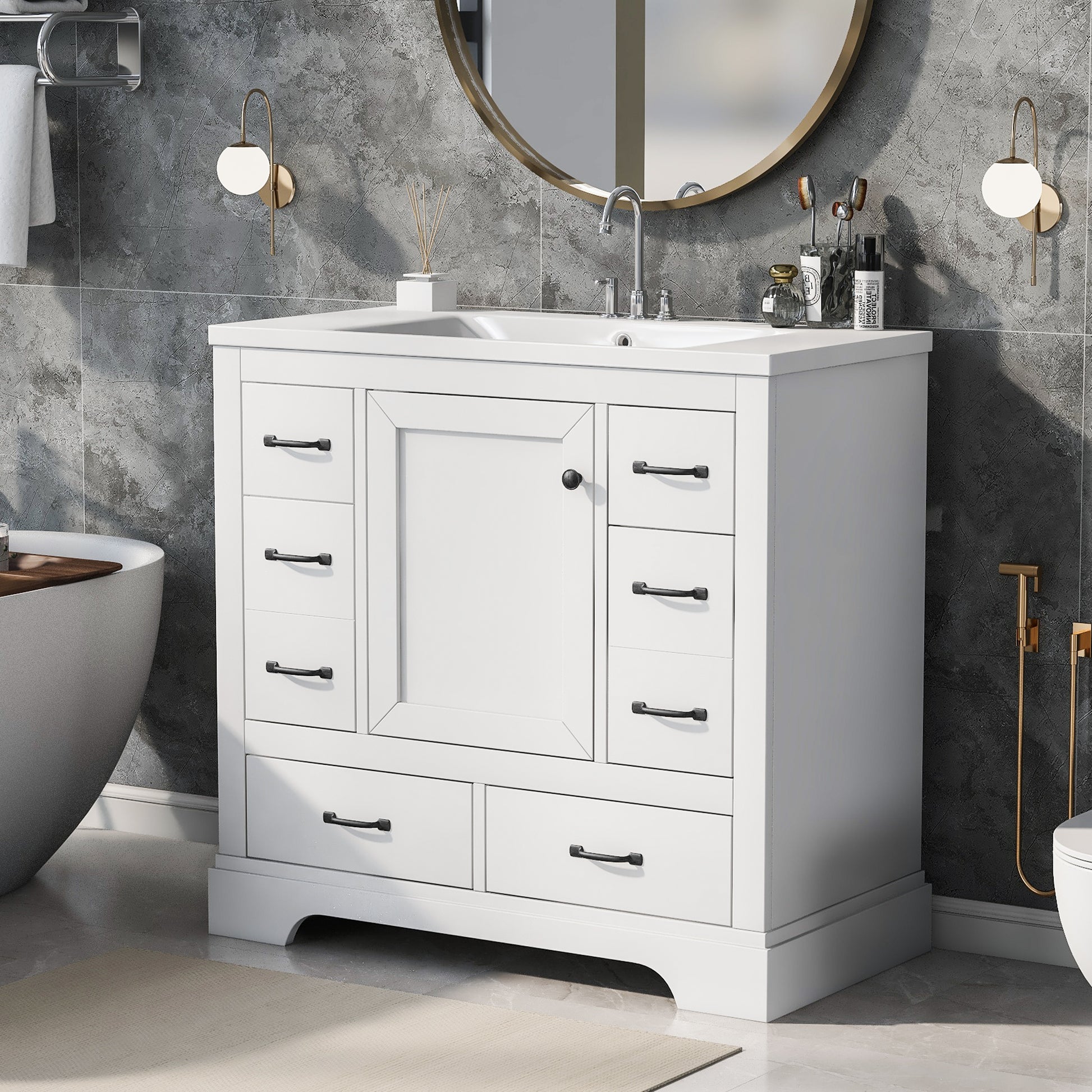 36" Bathroom Vanity With Sink Combo, Six Drawers, Multi Functional Drawer Divider, Adjustable Shelf, White White Solid Wood Mdf